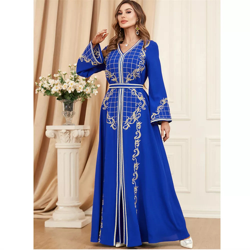 African Jilbabs For Woman 2 Piece Abaya Set Arabic Chic Solid Floral Embroidery Belted Robe Moroccan Muslim Clothing