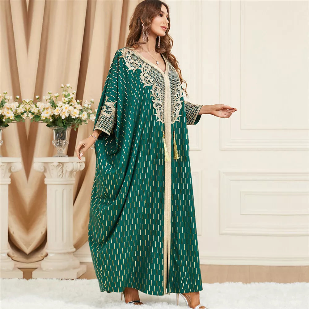 Vestido abaya de manga Batwing para mulheres chiques Apliques de renda Torda de ouro estampagem arab de peru árabe túmulo muçulmano Tassel Corban