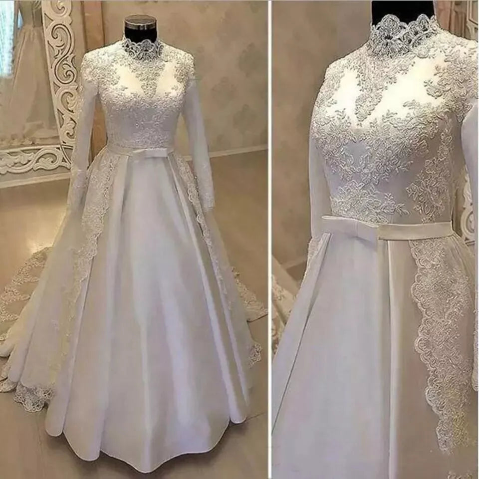 Vestido De novia musulmán De lujo apliques De encaje blanco Dercation cuello alto manga larga bata De boda vestido De novia árabe