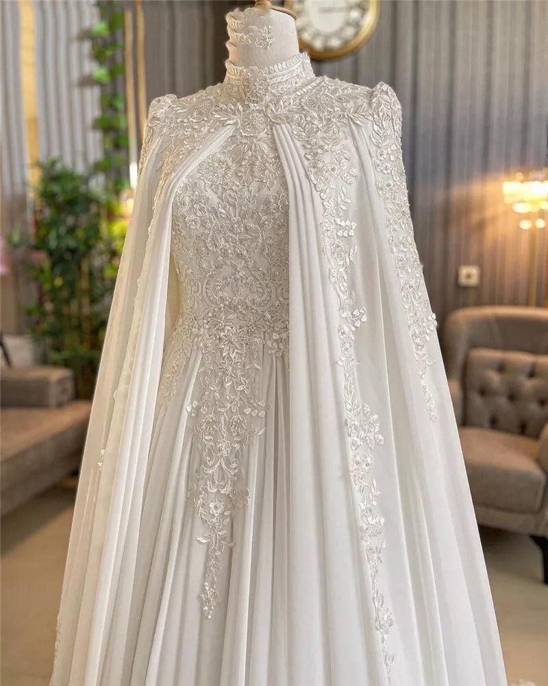 Chiffon Princess Muslims Wedding Dress for Wedding with Cape Lace Appliques Country Western Bridal Gowns Robe De Mariage