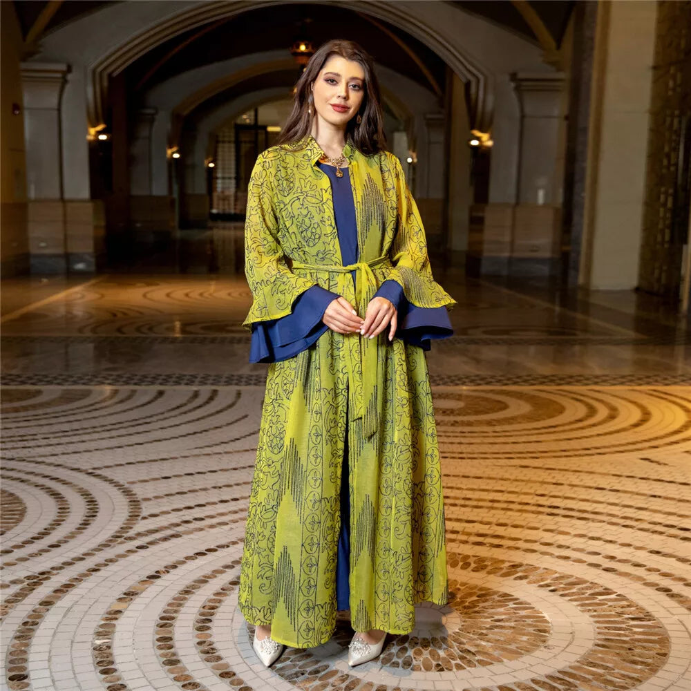 Muslimes Abendkleid Set für Frauen Chic Ruffle Sleeve Sticker Kimono Abaya & Innenweste Nahen Osten Dubai Turkey Party Robe