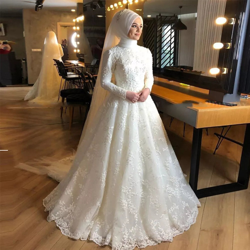 Wdzięczne długie rękawy muzułmańska sukienka ślubna High Neck Lace Bridal Bride suknia panna młoda islamska hidżab arabski dubai kaftan vestidos de novia