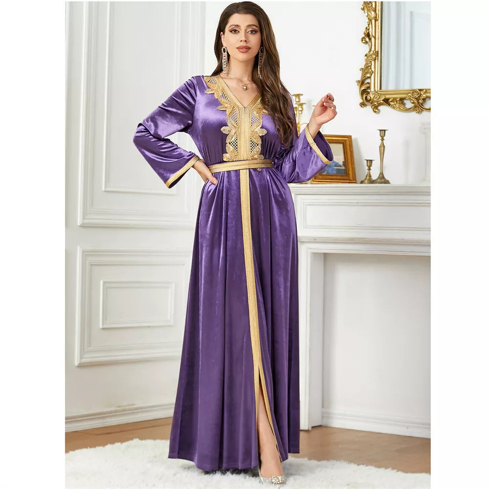 Velvet Autumn Winter Solid Evening Dress Jalabiyat Turkish Saudi Long Sleeve V-Neck Belted African Moroccan Abaya