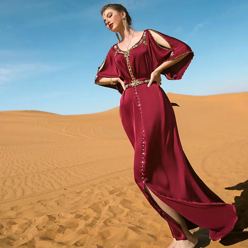 Vestidos de festa noturna Os diamantes dos ombros com cinto abayas marroquino feminino saudita Kaftan Islâmico Roupas