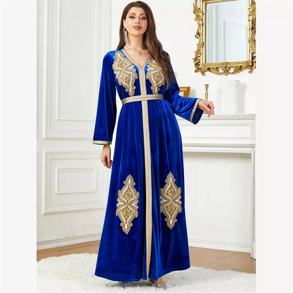 Dubai Autumn Winter Party Velvet Dress Arab Muslim Woman Oriental Gown Shiny Blue Beading Appliques Belted Abaya