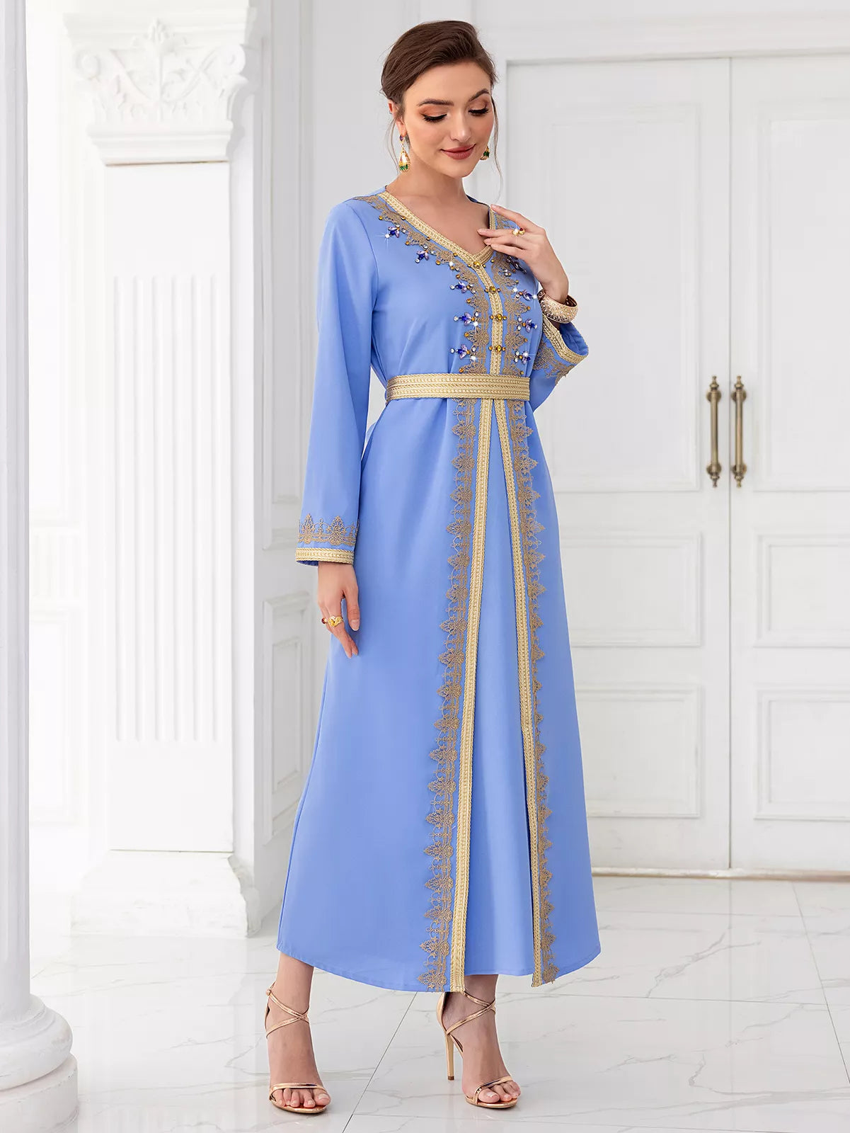 Chic Diamonds Moroccan Kaftan For Women 2 Piece Suit Solid Tape Trim Full Sleeve V-Neck Sashes Elegant Dubai Long Dress