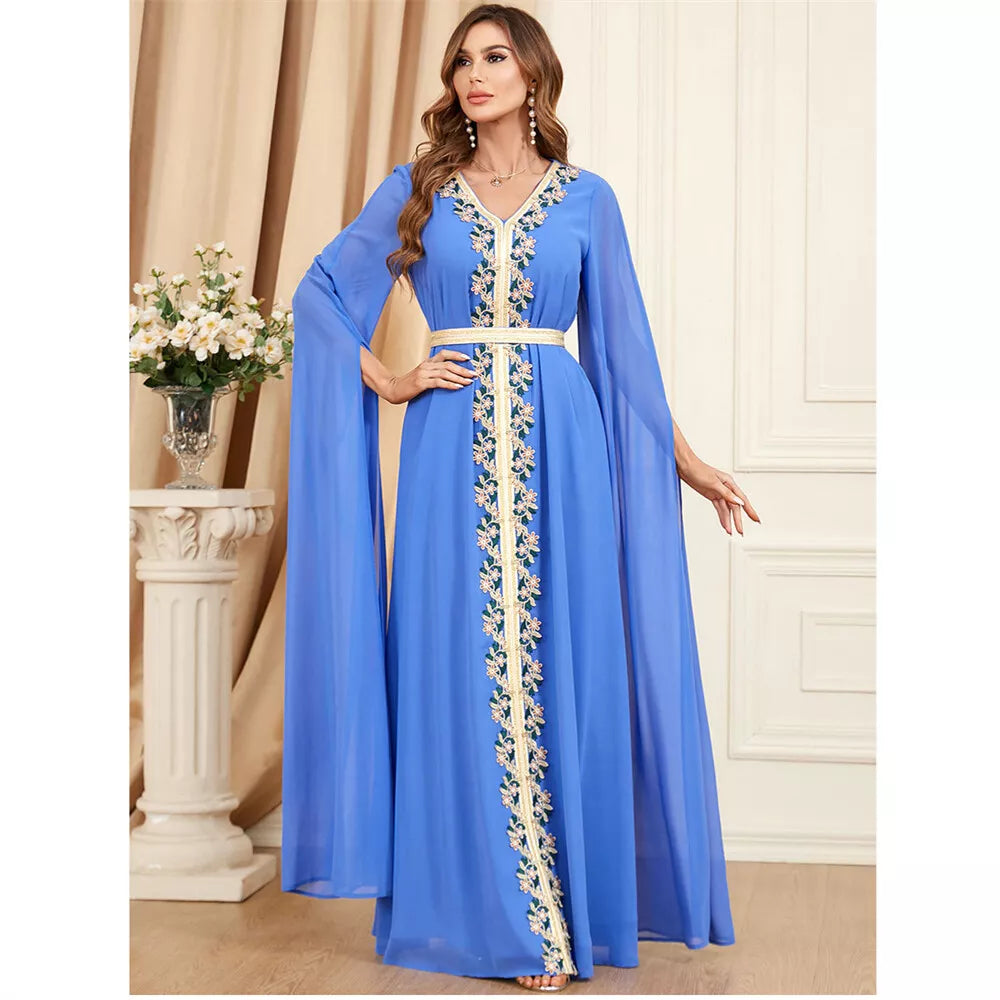 Muslim Dress 2023 Dubai Caftan Women Basic Solid Lace Tape Super Full Sleeves V-Neck Sashes Moroccan Islam Abaya