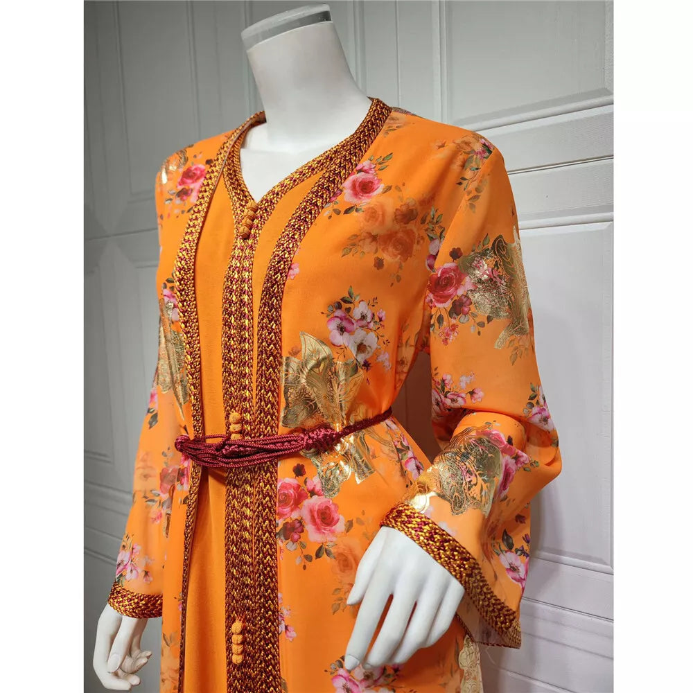 Djellaba Marocaine deux pièces robe musulmane en mousseline de soie imprimé ceinturé caftan Ramadan robe Abayas tissu islamique turc femmes vêtements