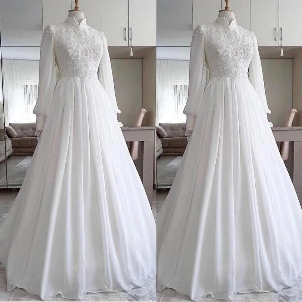 Witte moslim trouwjurken met lange mouwen voor bruid echte foto kanten chiffon a-line vestidos de novia maldives bruidsjurken