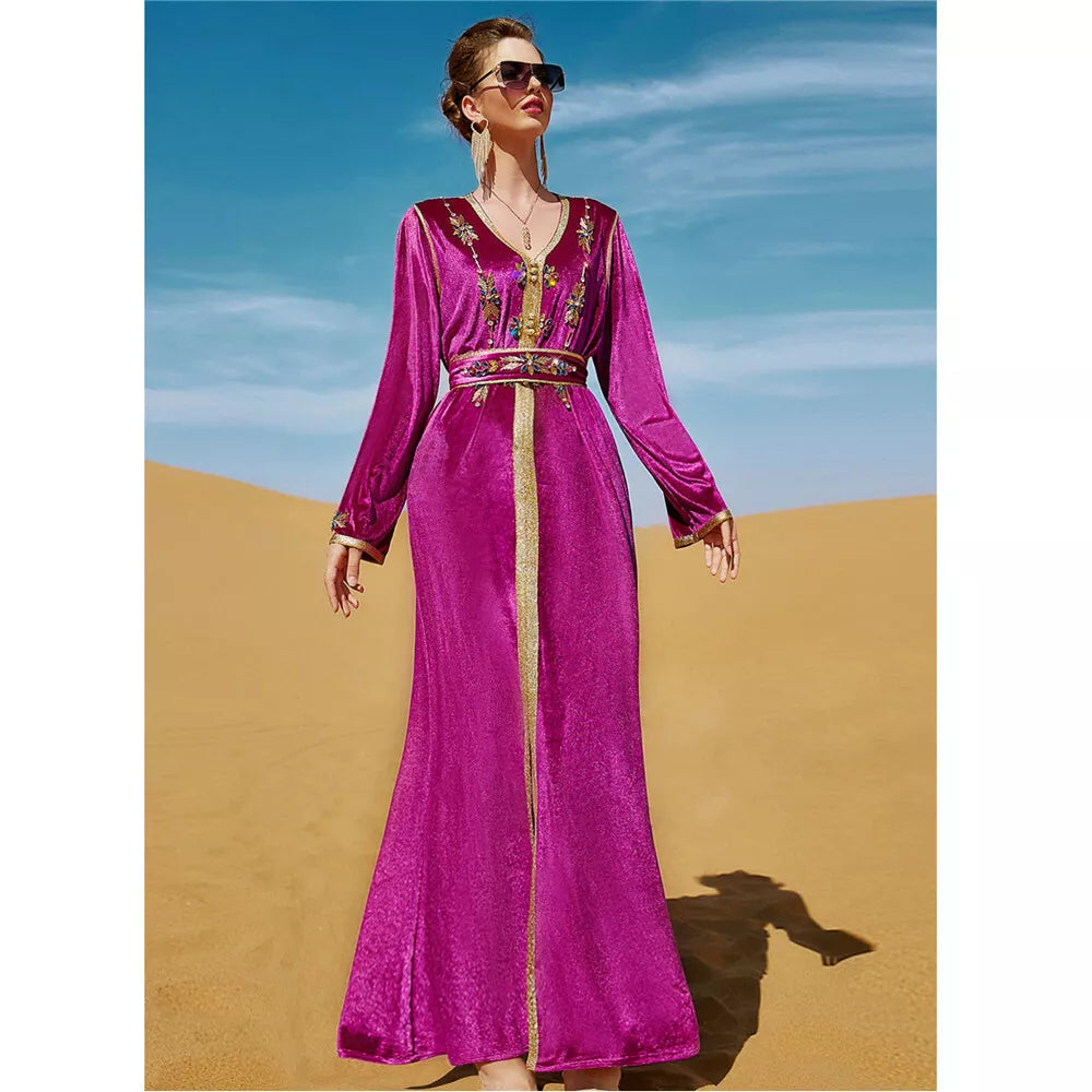 Fashion Luxury Evening Party Gown Velevet Diamond Long Sleeve V Collar Dress With Sashes Autumn Winter Saudi Women Robe