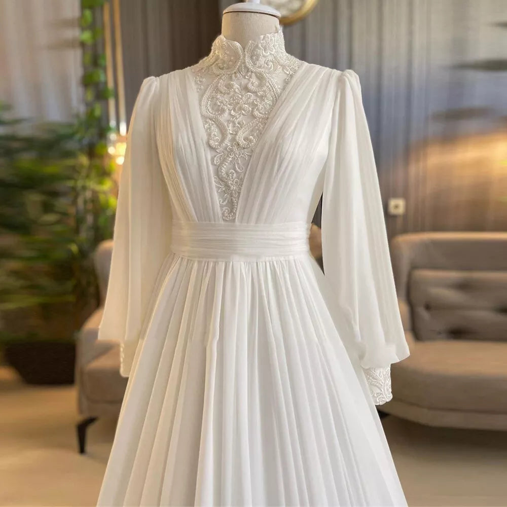 Elegant A-Line Chiffon Muslim Wedding Dresses High Neck Lace Ivory Bridal Gowns for Bride Long Sleeves Robe De Mariée