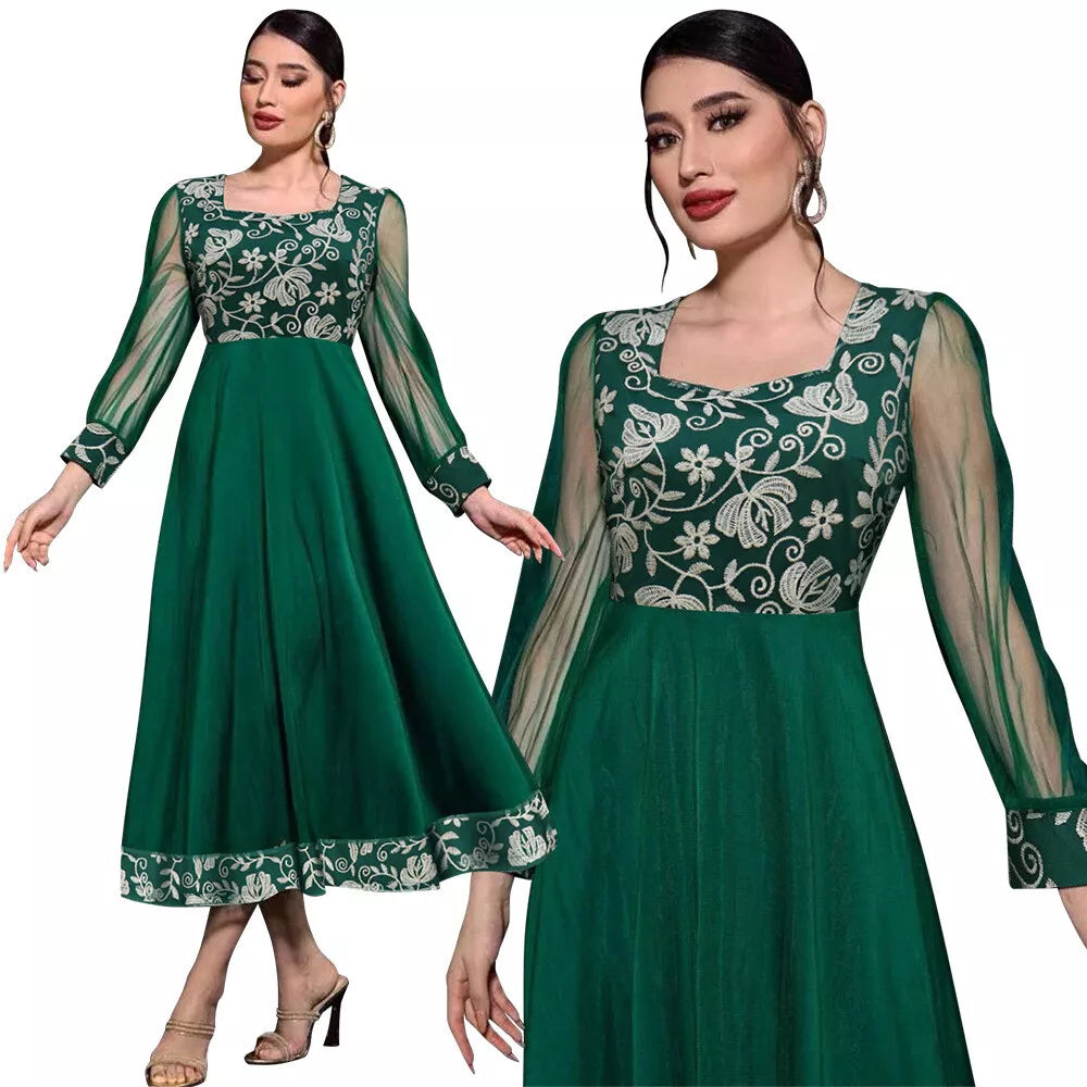 Arab Dubai Fashion Floral Bordado Mesh Hollow Out Manga Longa Vestido de Partema da noite Africana Golfo turco Kaftan