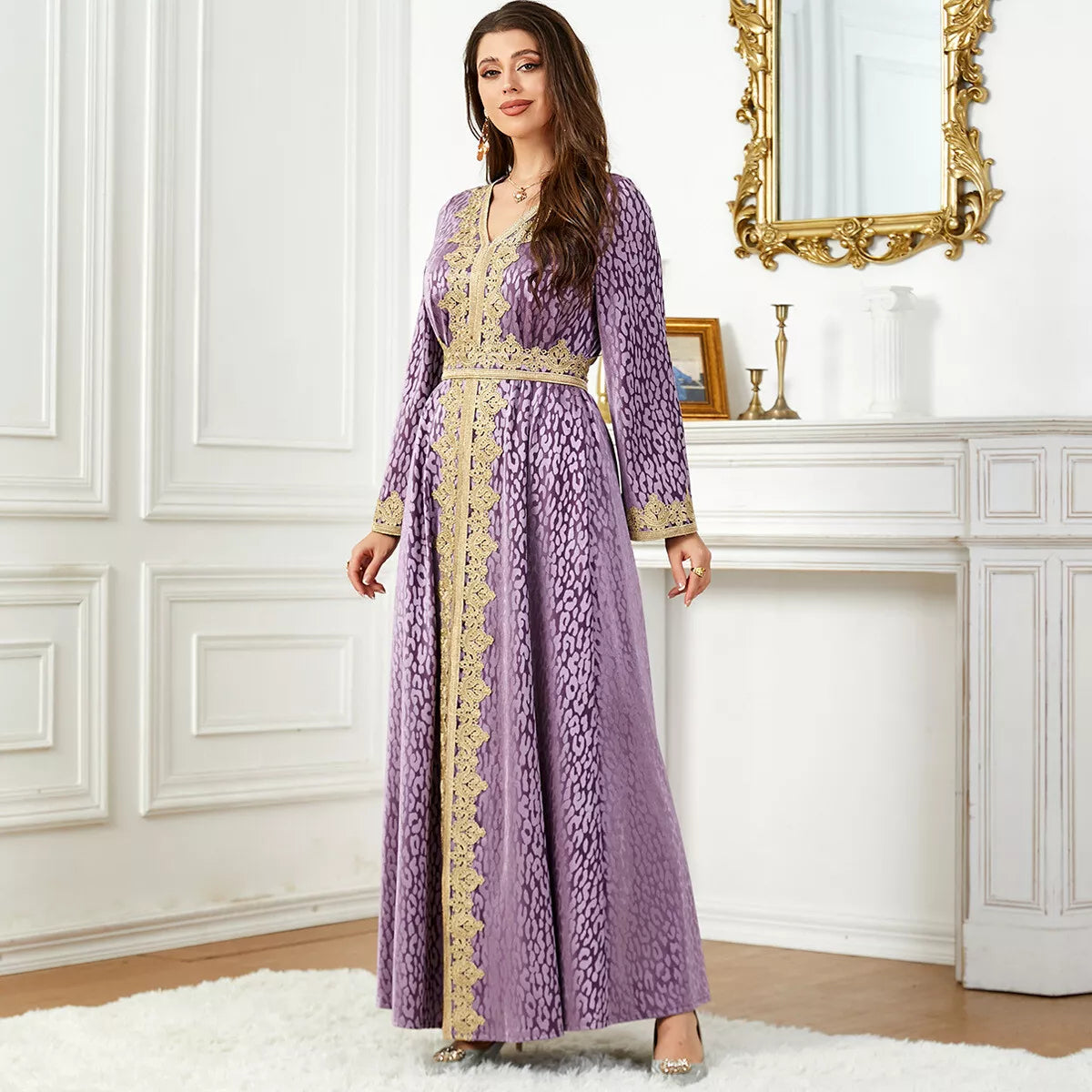 Purple Water Ripple Tape Trim Autumn Winter Velvet Evening Gown Kuwaiti Saudi Dubai V-Neck Belted Muslim Ramadan Dress