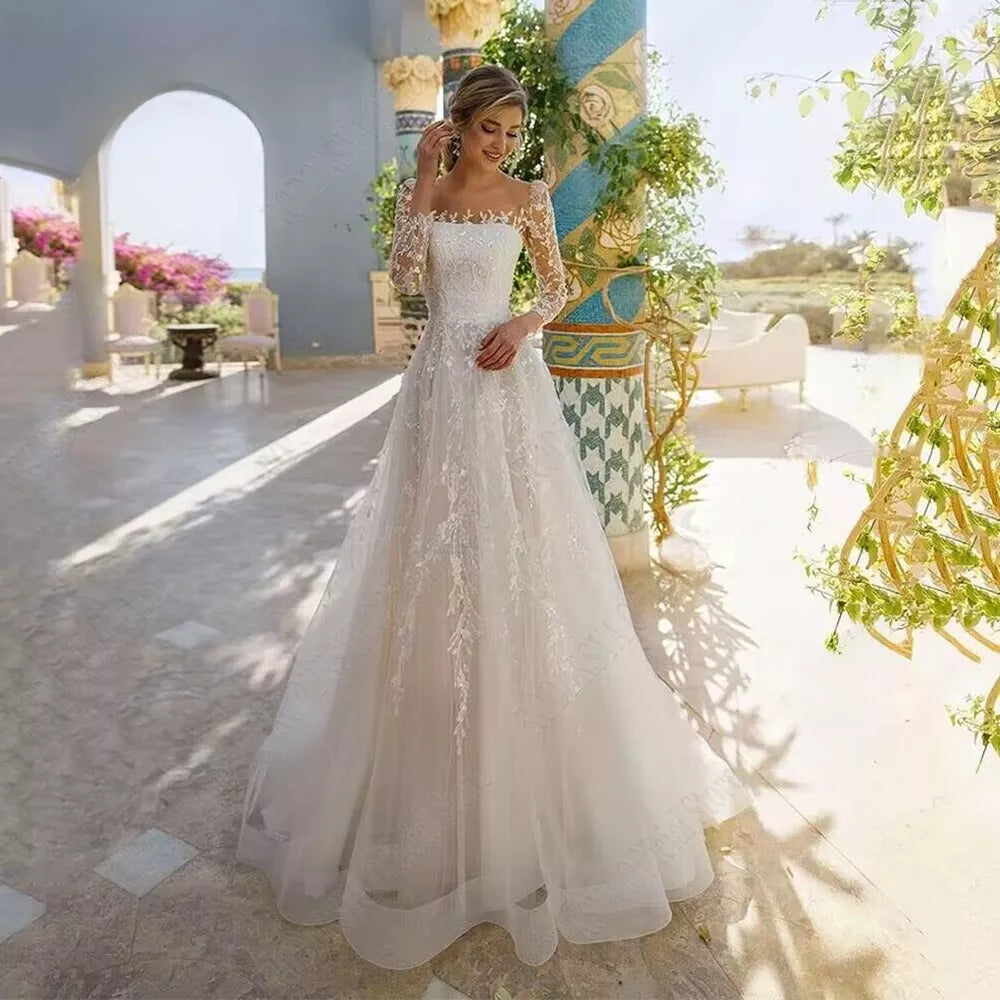 Encaje excelente tul una línea vestidos de Novia cuello redondo manga larga vestidos de Novia bordado moderno botón plisado Vestido de Novia 