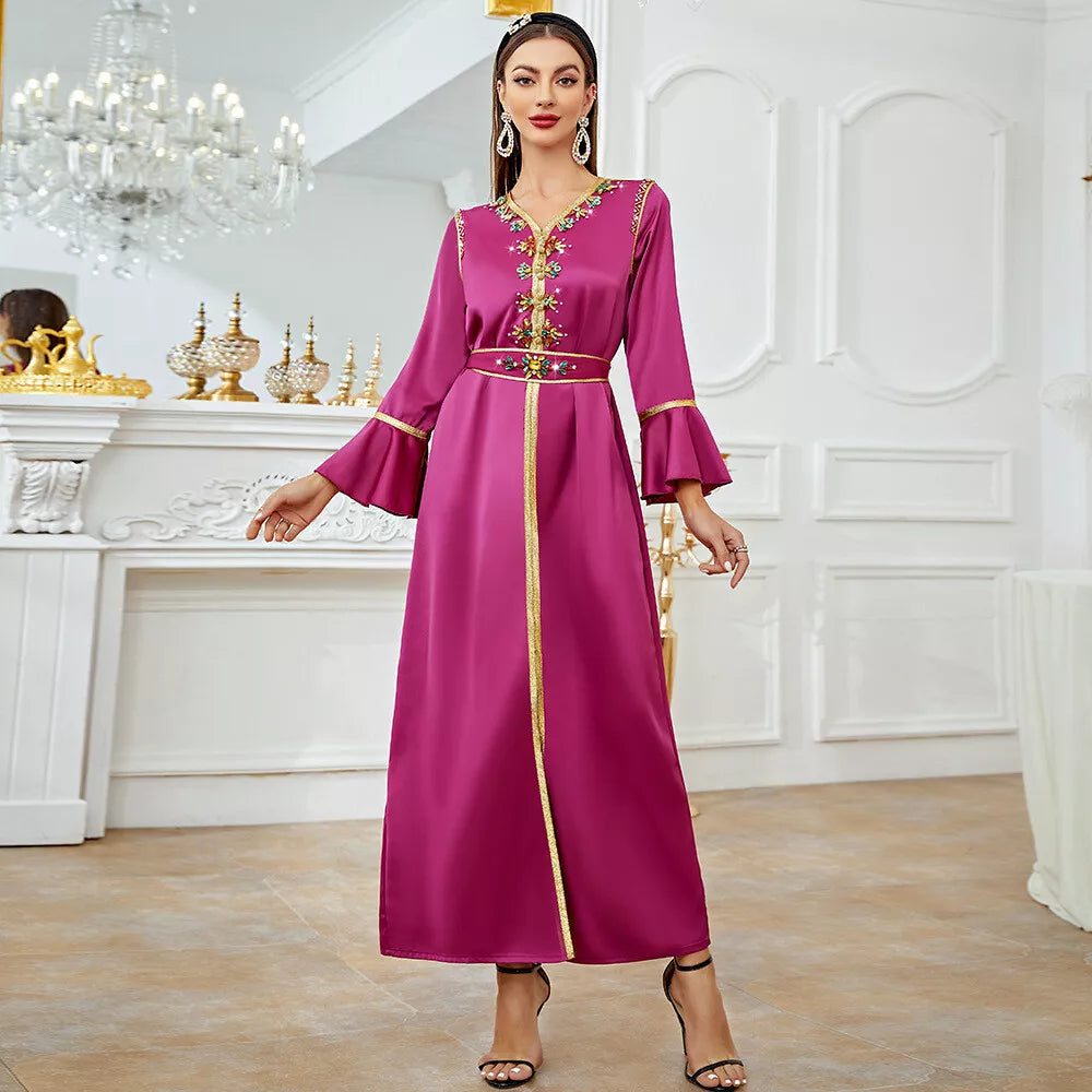 Moroccan Fashion Ethnic Diamonds Tape Trim V-Neck Ruffles Sleeve Belted Clothing Muslim Elegant Women Evening Dress