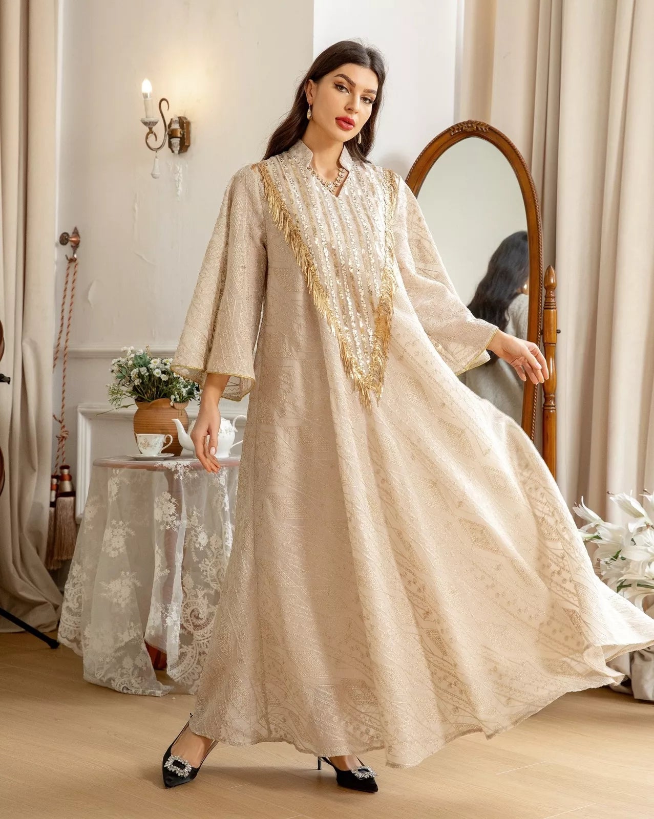 Arab Dubai Mesh Sequins Embroidery Evening Robe For Women Jalabiyat Muslim Turkish Casual Loose Long Sleeve Clothing