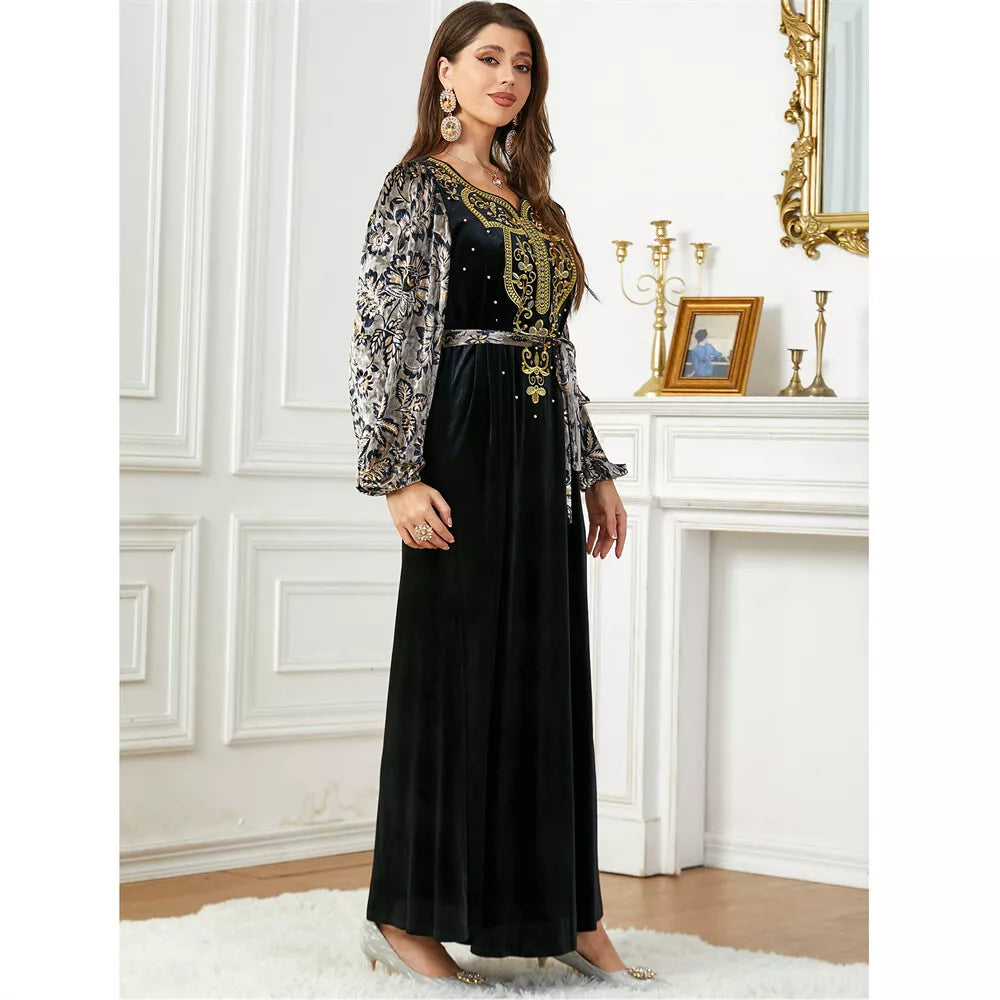 Siakakia musulman Ramadan Eid automne hiver velours perles broderie florale lanterne manches col en v Jalabiyat marocain ceinturé Abaya