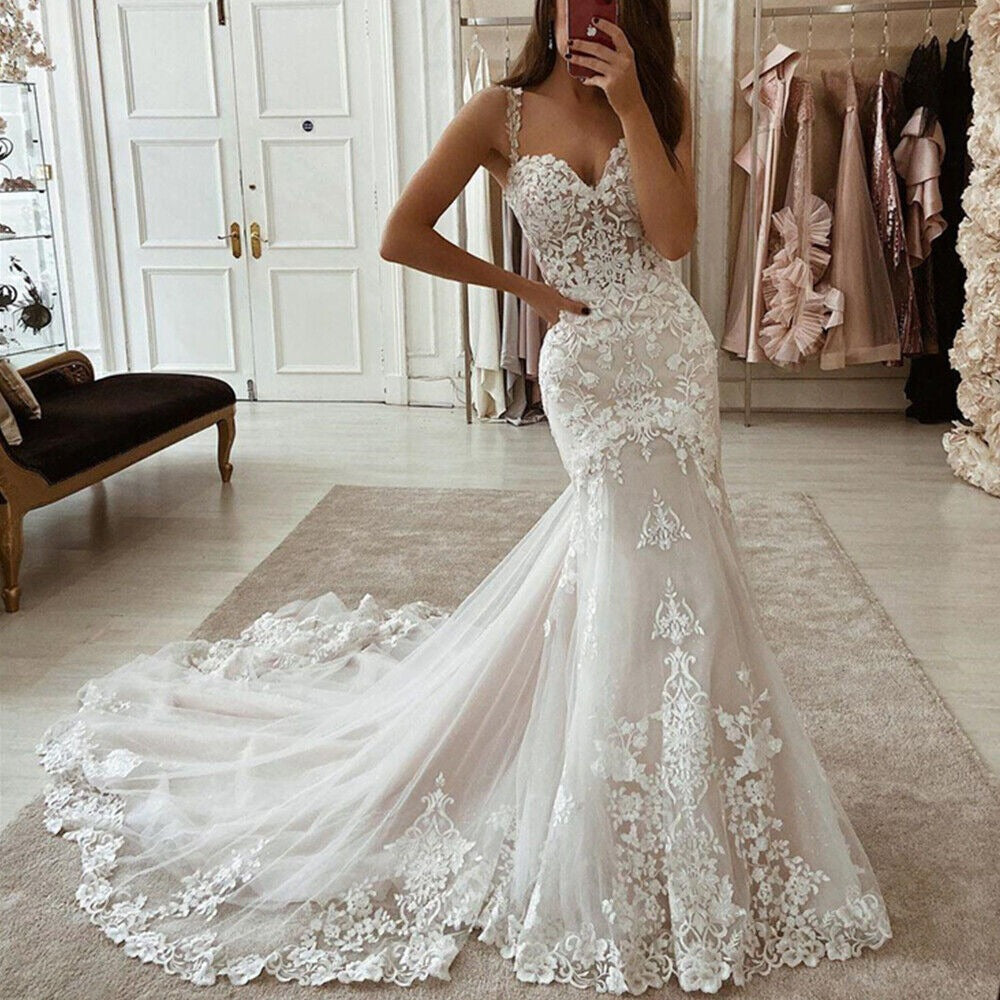 فستان زفاف طويل من Lace Mermaid للعروس ليكون Spaghetti Brips Sweetheart Bride Dress Court Train Vestidos De Novia