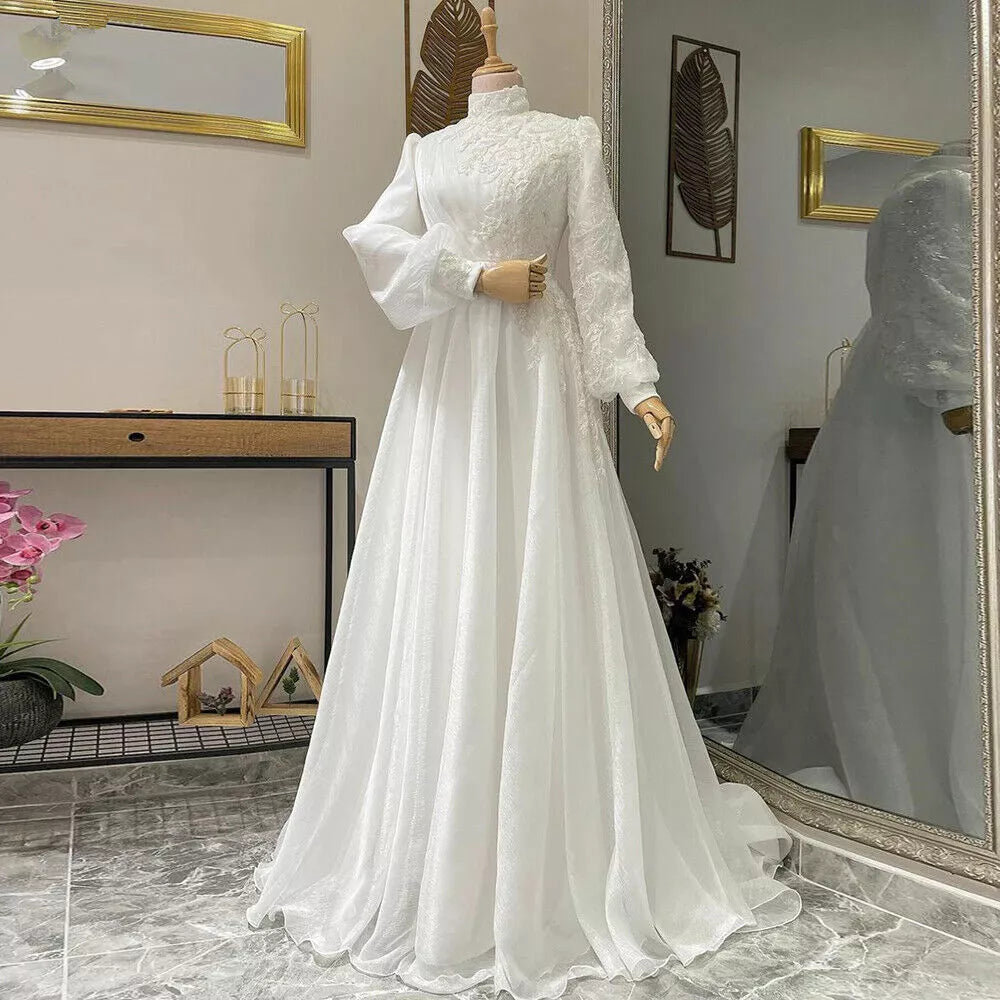 Robe De Mariée Ivory Long Sleeves Muslim Wedding Gowns A-line Applique Tulle High Neck Lace Bridal Dress For Elegant woman