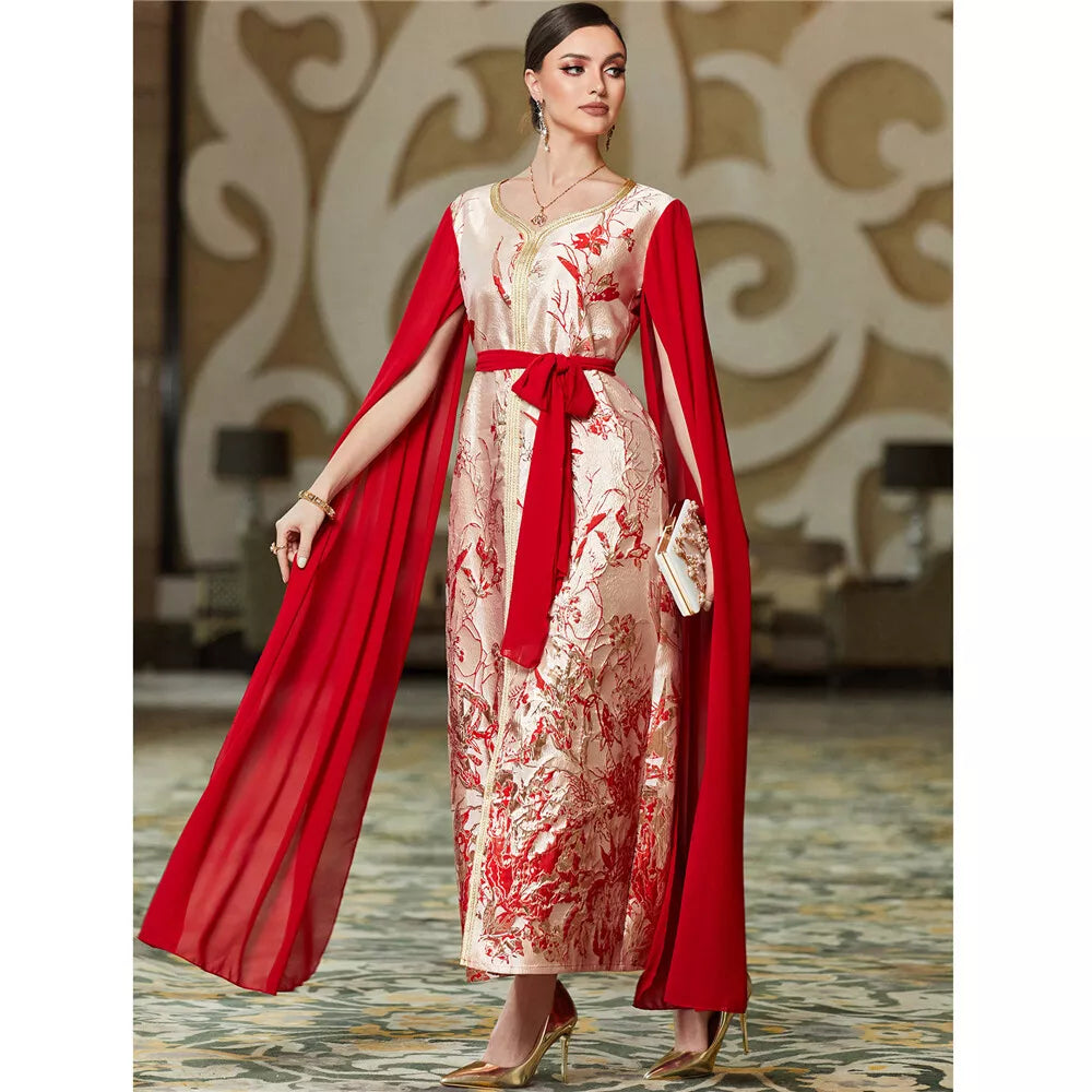 Fashion Dubai Royal Caftan Women Chic Printing Super Full Sleeves V-Ausschnitt Gürtelkleidung Abend lange Kleider elegant