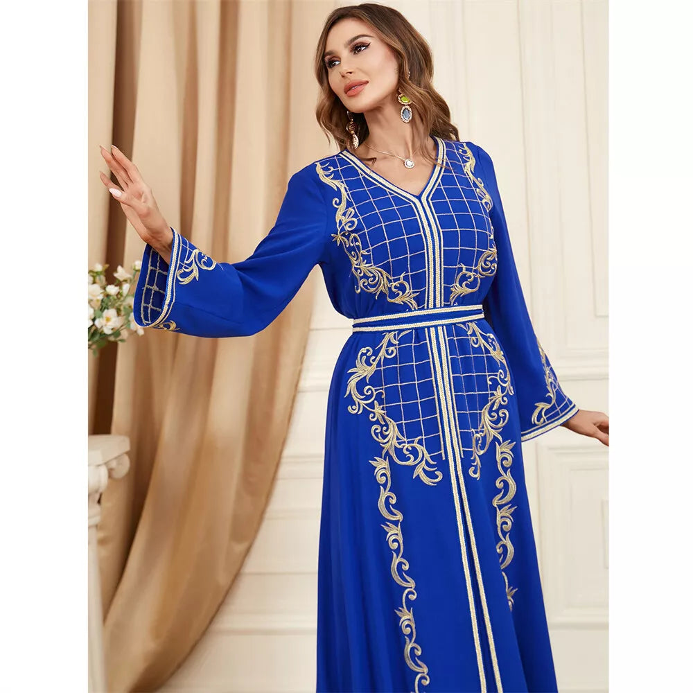 African Jilbabs For Woman 2 Piece Abaya Set Arabic Chic Solid Floral Embroidery Belted Robe Moroccan Muslim Clothing