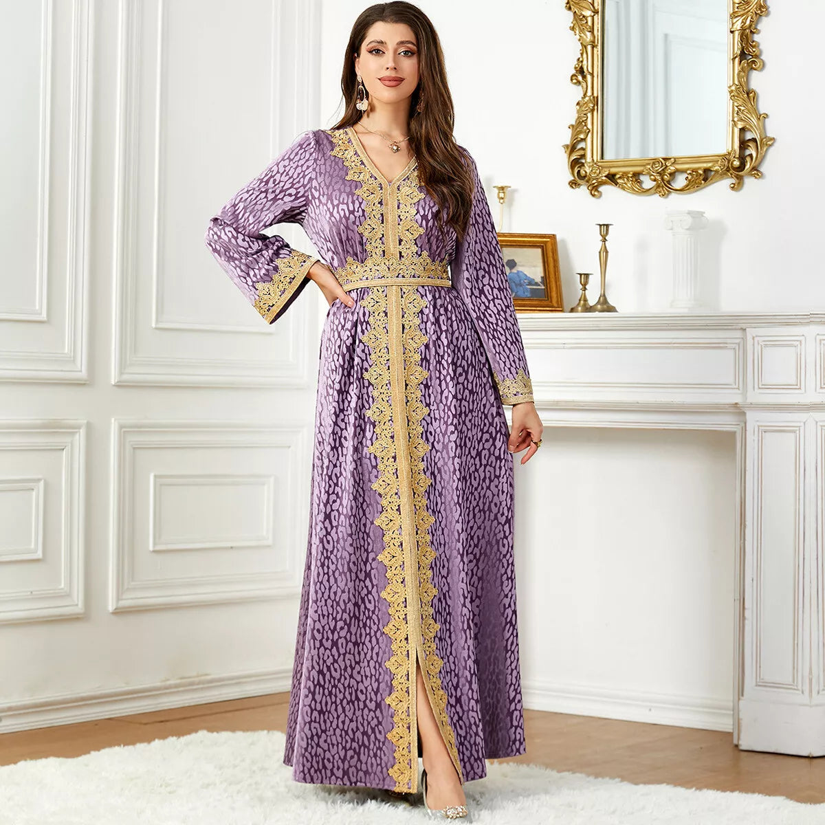 Purple Water Ripple Tape Trim Autumn Winter Velvet Evening Gown Kuwaiti Saudi Dubai V-Neck Belted Muslim Ramadan Dress