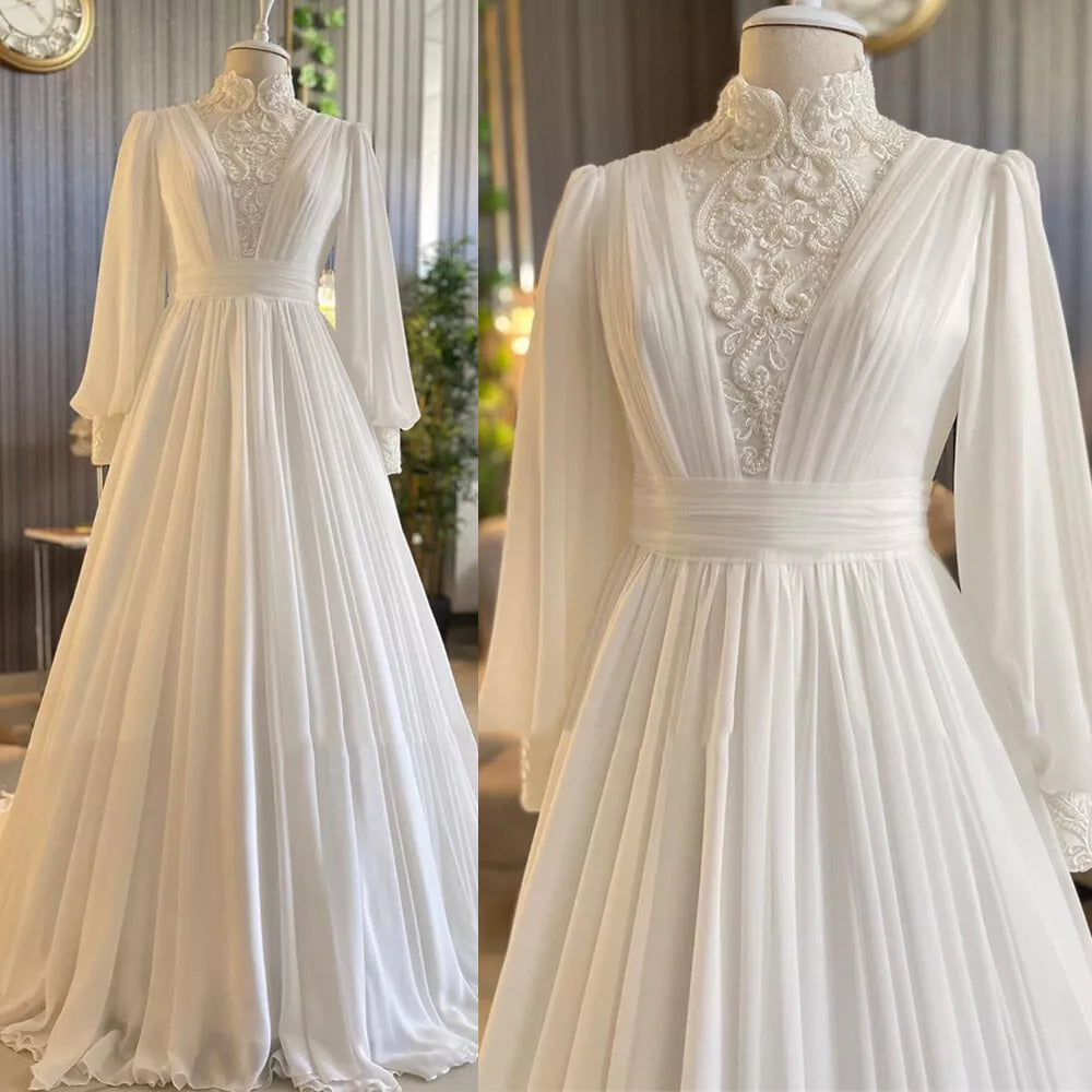 Elegante A-lijn Chiffon Moslim trouwjurken Hoge nek Lace Ivoor bruidsjurken voor bruid lange mouwen gewaad de mariée