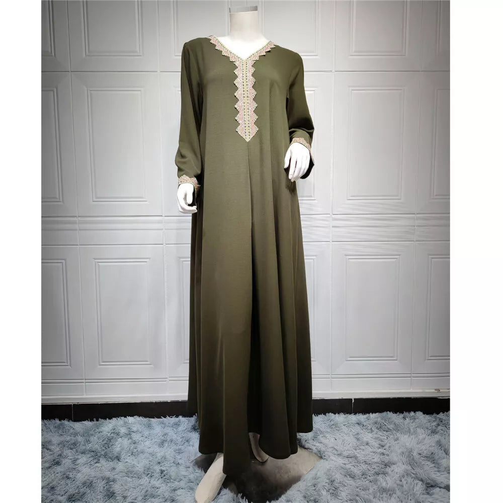 Jalabiyat marroquí para mujer, moda básica, diamantes sólidos, manga larga, cuello en V, elegante Abaya turca elegante