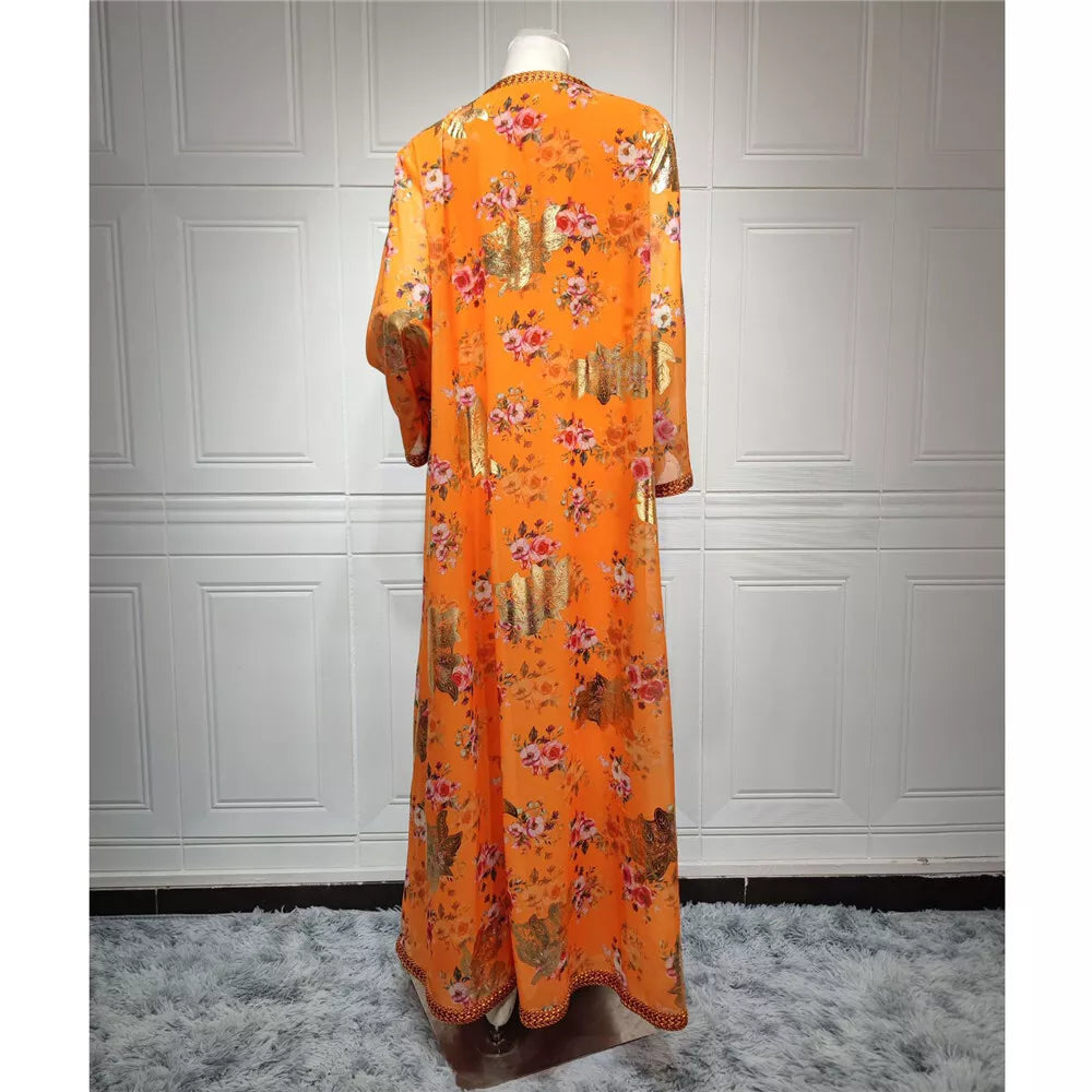 Djellaba Marocaine Two Piece Muslim Dress Chiffon Print Belted Kaftan Ramadan Gown Abayas Islamic Cloth Turkish Women Clothes