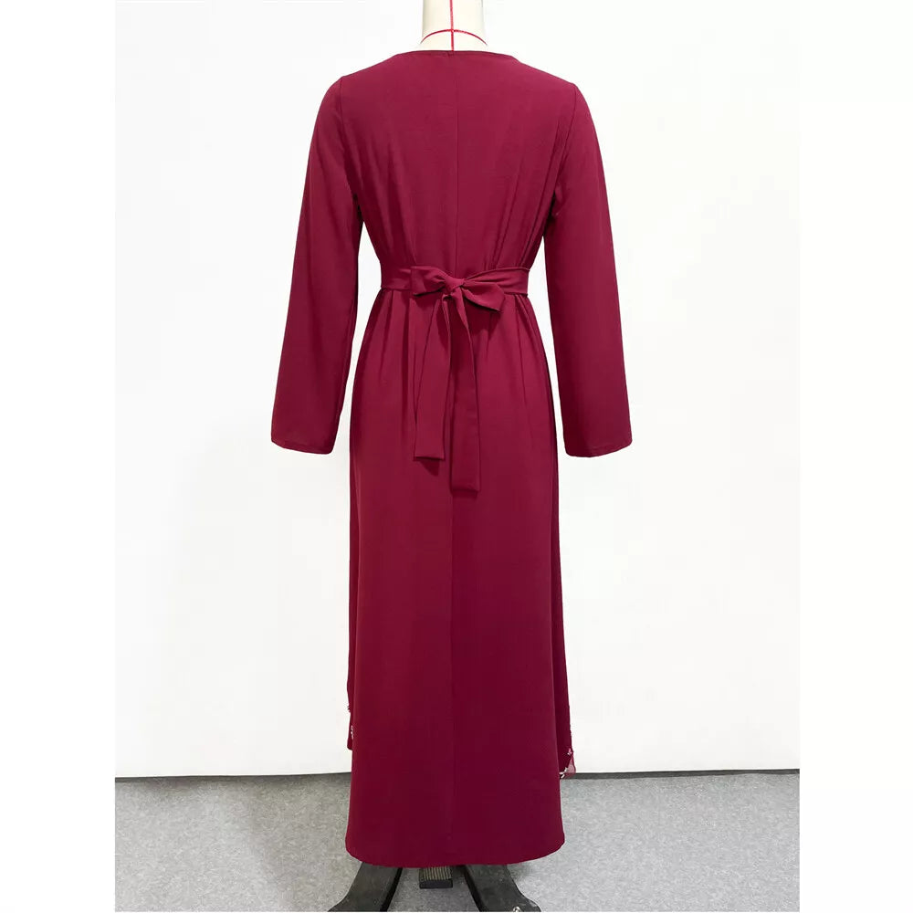 Pure Handwork Rhinestone Red Long Dress For Muslim Women Chic Hollow Out Full Sleeve Belted Dubai Moroccan Robe