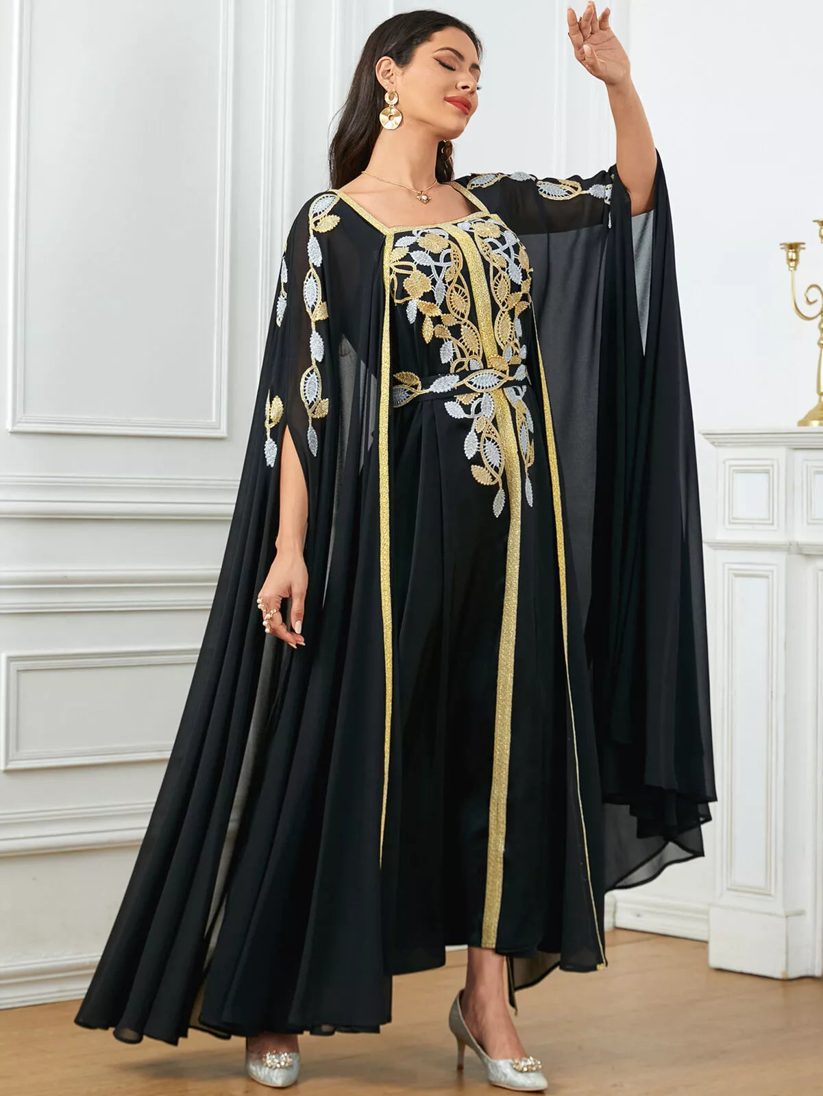 Elegante casual super lange mouw feestjurk Marokkaanse Saoedische appliques riem jurken Turkse Afrikaanse Abayas Arab Kaftan