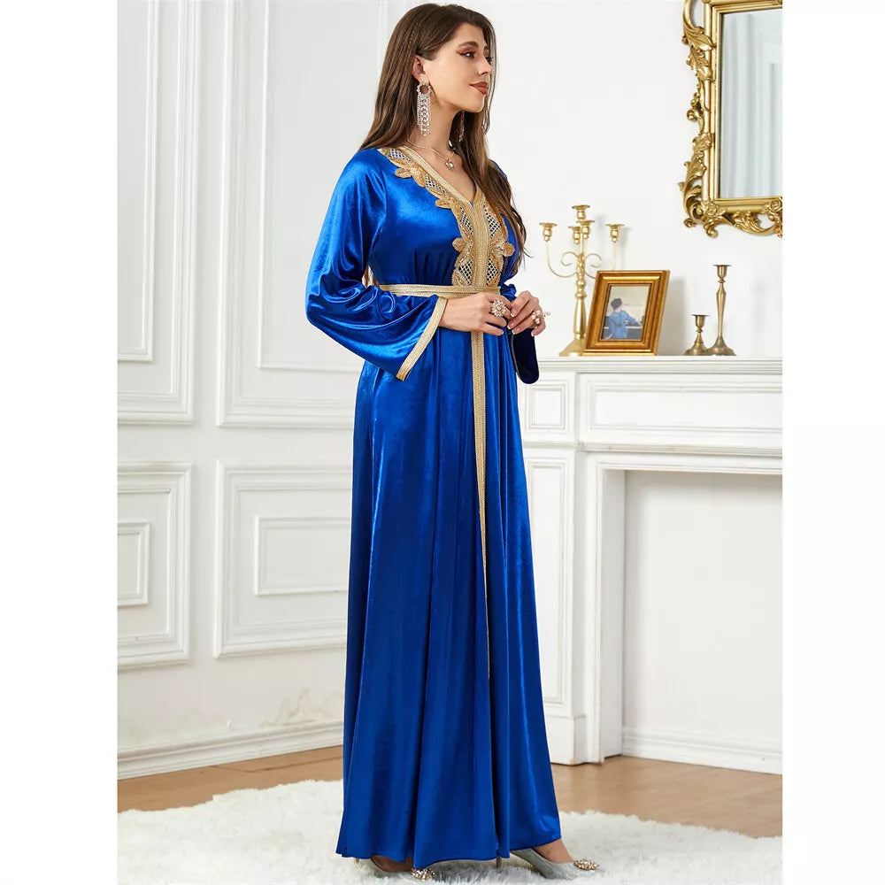 Velvet Autumn Winter Solid Evening Dress Jalabiyat Turkish Saudi Long Sleeve V-Neck Belted African Moroccan Abaya