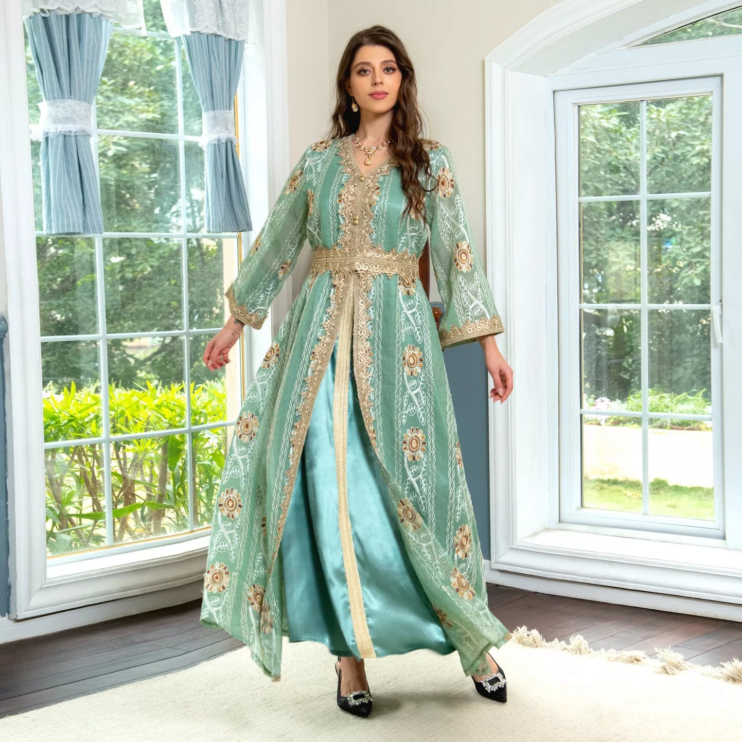 Robes musulmanes en Satin pour Ramadan, maille florale, broderie ethnique, ceinture, mode caftan marocain, tenues de fête Jalabiya pour femmes