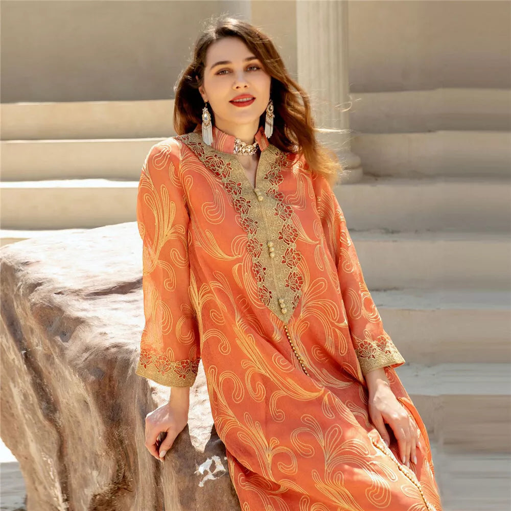 Arab Floral Embroidery Long Sleeve Lace Tape Notched V-Neck Casual Abaya Moroccan Caftan For Women Djellaba Dubai Dress