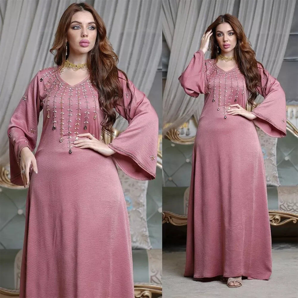 Ramadan Abayas For Muslim Women Arabic Turkish Islamic Clothing Kuwaiti Solid Diamonds Loose Marocain Gulf Dress