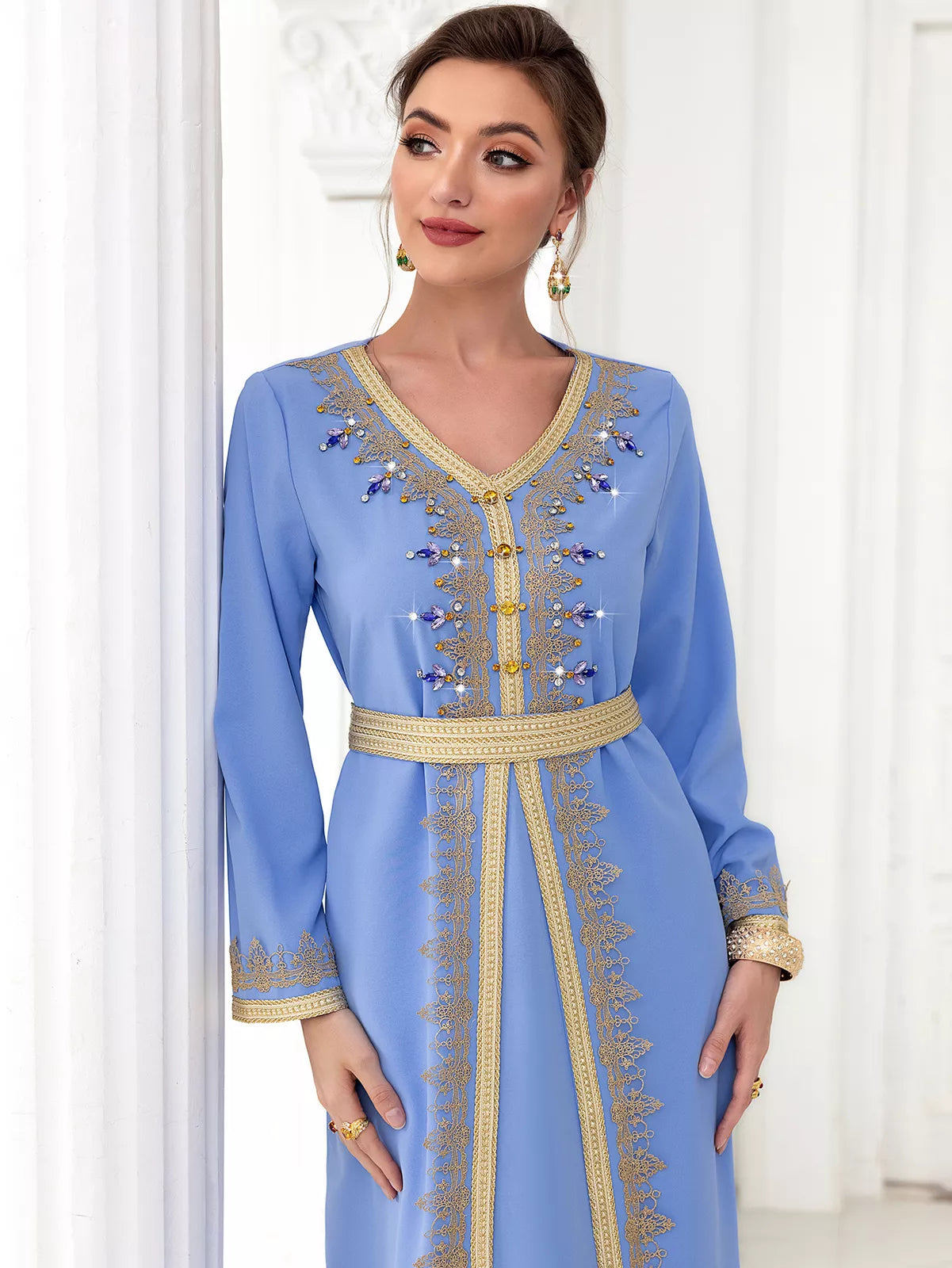 Chic Diamonds Moroccan Kaftan For Women 2 Piece Suit Solid Tape Trim Full Sleeve V-Neck Sashes Elegant Dubai Long Dress