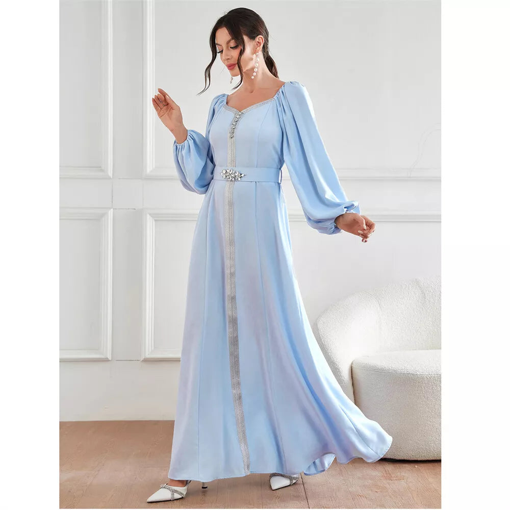 Dubai Evening Dress Women Moroccan Caftan Jalabiyat Solid Rhinestone Puff Sleeve Square Collar Belted Robe