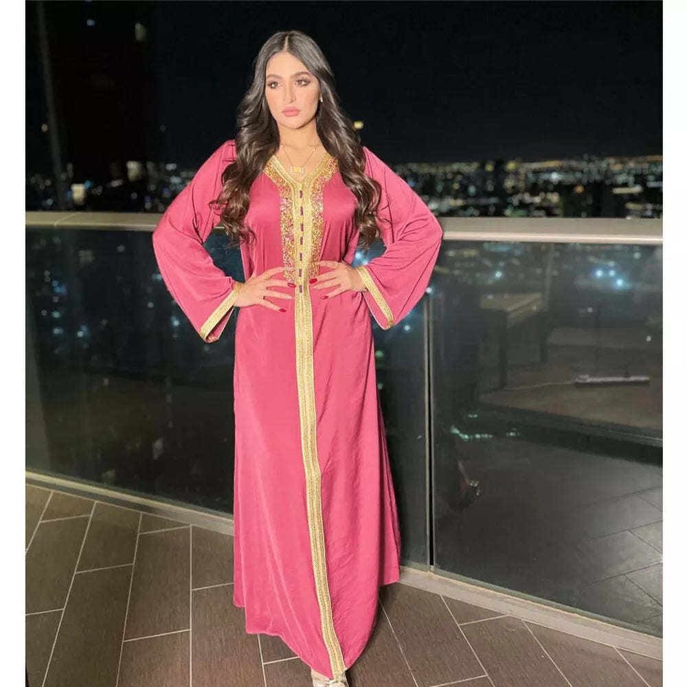 Ramadan Eid Pink Maxi Dress For Women Modest Muslim Turkey Arabic Dubai Diamond Ribbon V Neck Long Sleeve Jalabiya 2021