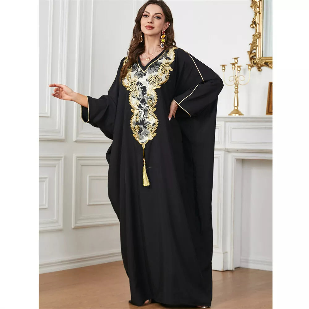 Dubai Turkish lässige lockere solide Batwing -Ärmel gegen Kragen Blumensticke und Quaste Abaya Arab African Women Caftan