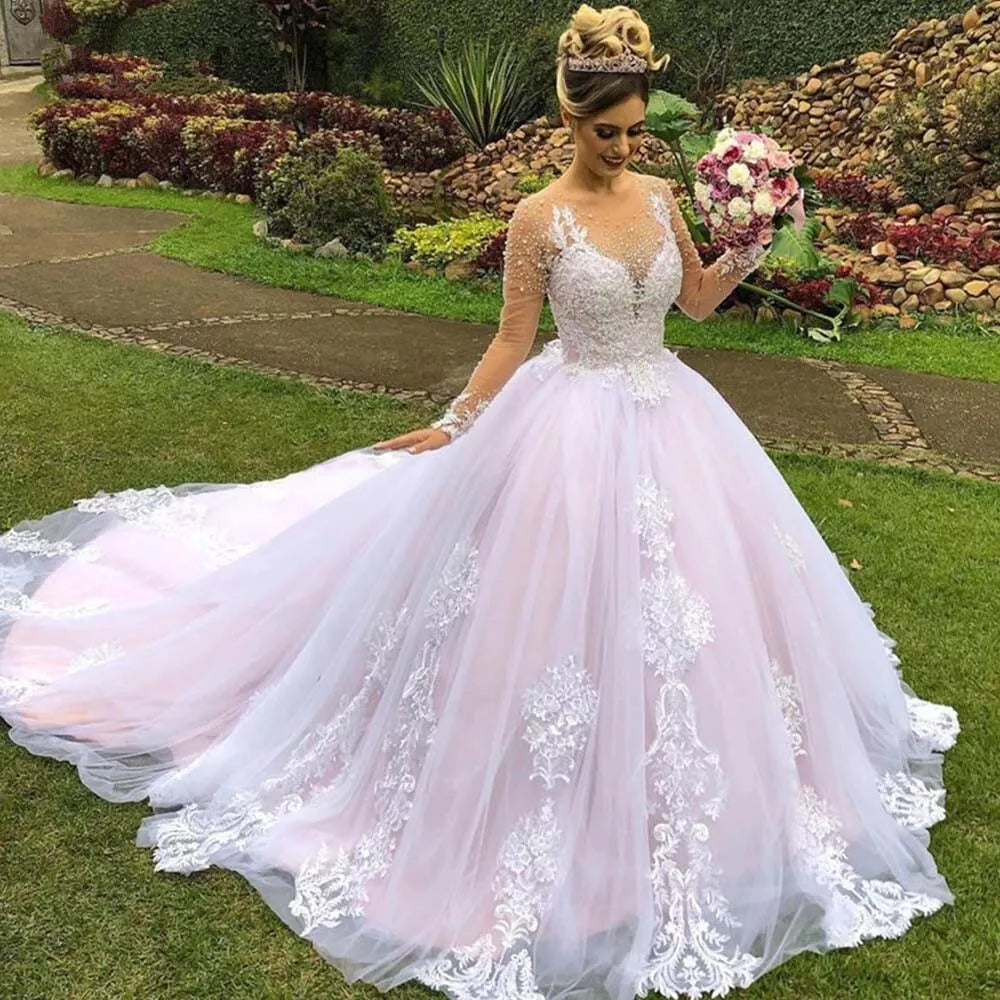 Prinzessin Pink Brautkleider Robe de Mariage Spitzen Applikationen Perlen schiere Nacken Langarmes Gartenbrautkleider