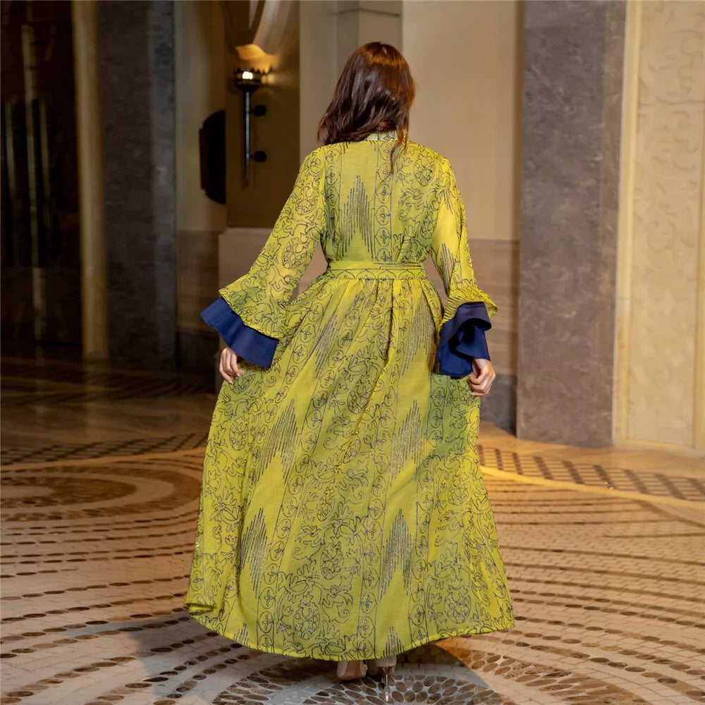 Vestido de noite muçulmano para mulheres chiques bordado de manga de babados Kimono abaya e colete interno colete do leste do Oriente Médio Dubai Turquia Party Robe