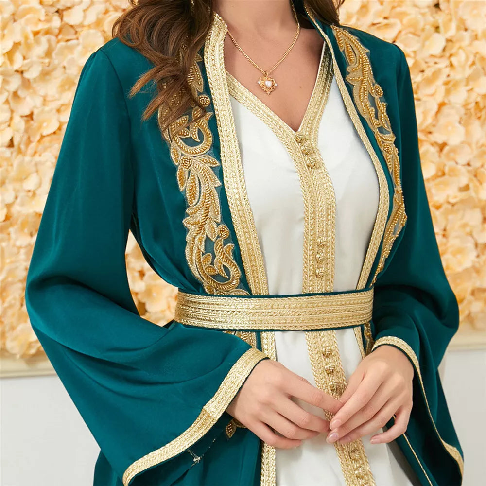 Mode musulmane deux pièces Jilbab Robe Appliques hiver Abaya et gilet Robe longue survêtements femmes islamiques Caftan marocain