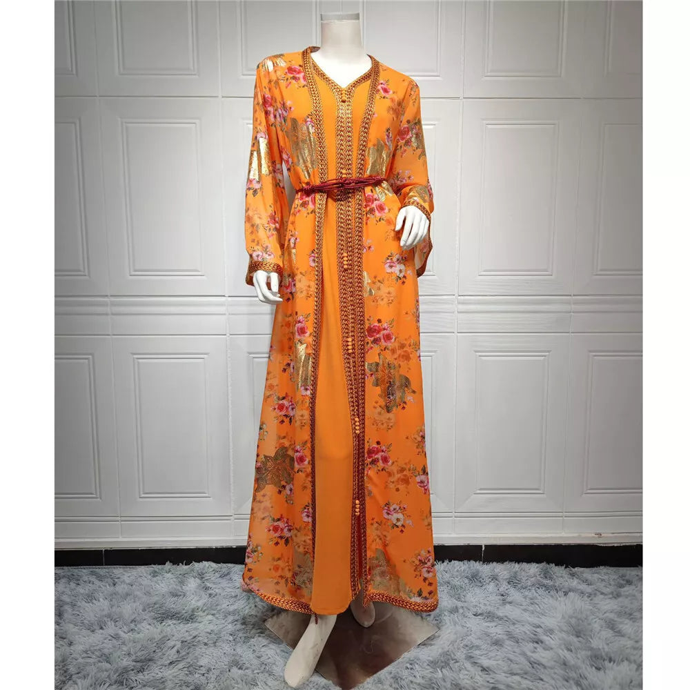 Djellaba Marocaine Two Piece Muslim Dress Chiffon Print Belted Kaftan Ramadan Gown Abayas Islamic Cloth Turkish Women Clothes