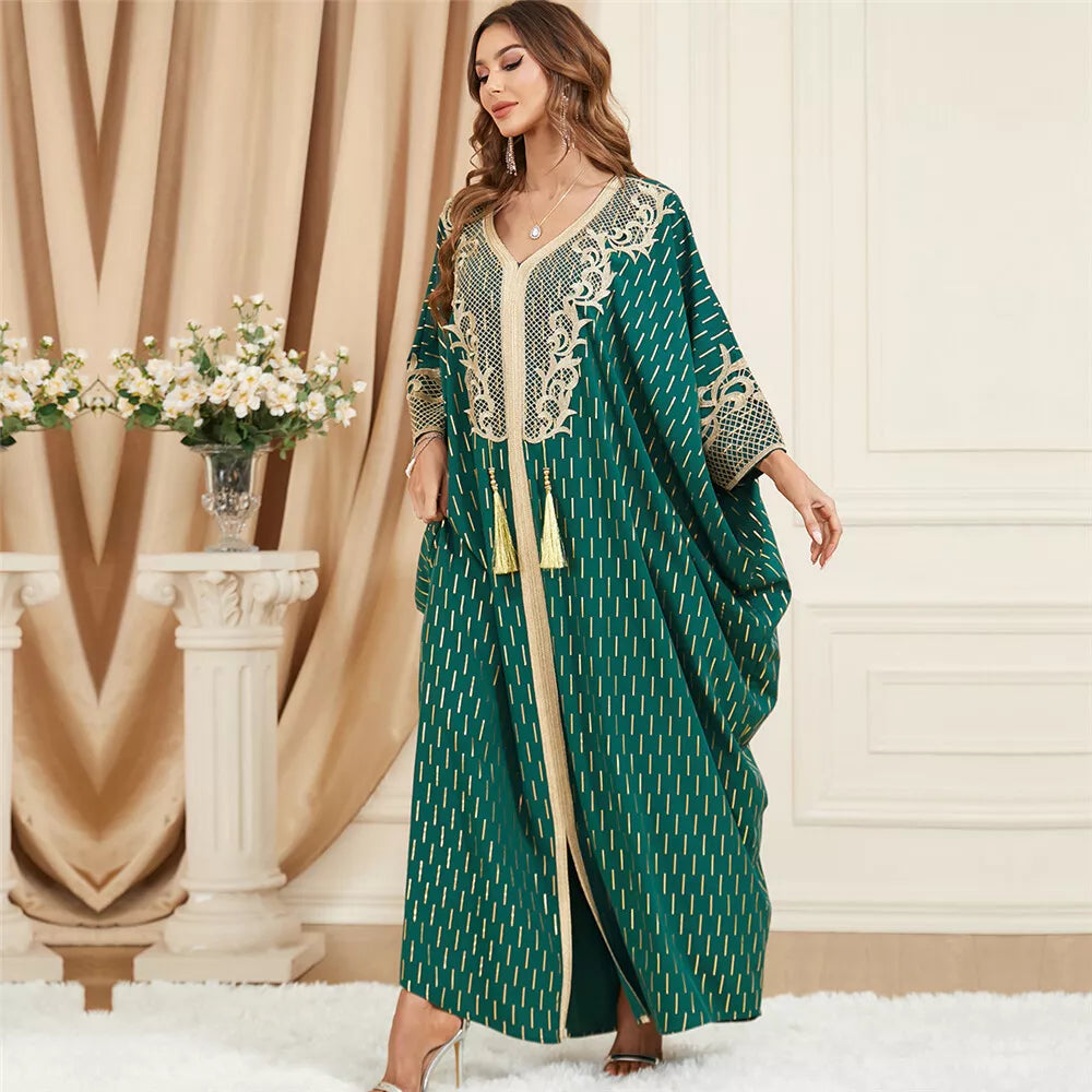 Vestido abaya de manga Batwing para mulheres chiques Apliques de renda Torda de ouro estampagem arab de peru árabe túmulo muçulmano Tassel Corban