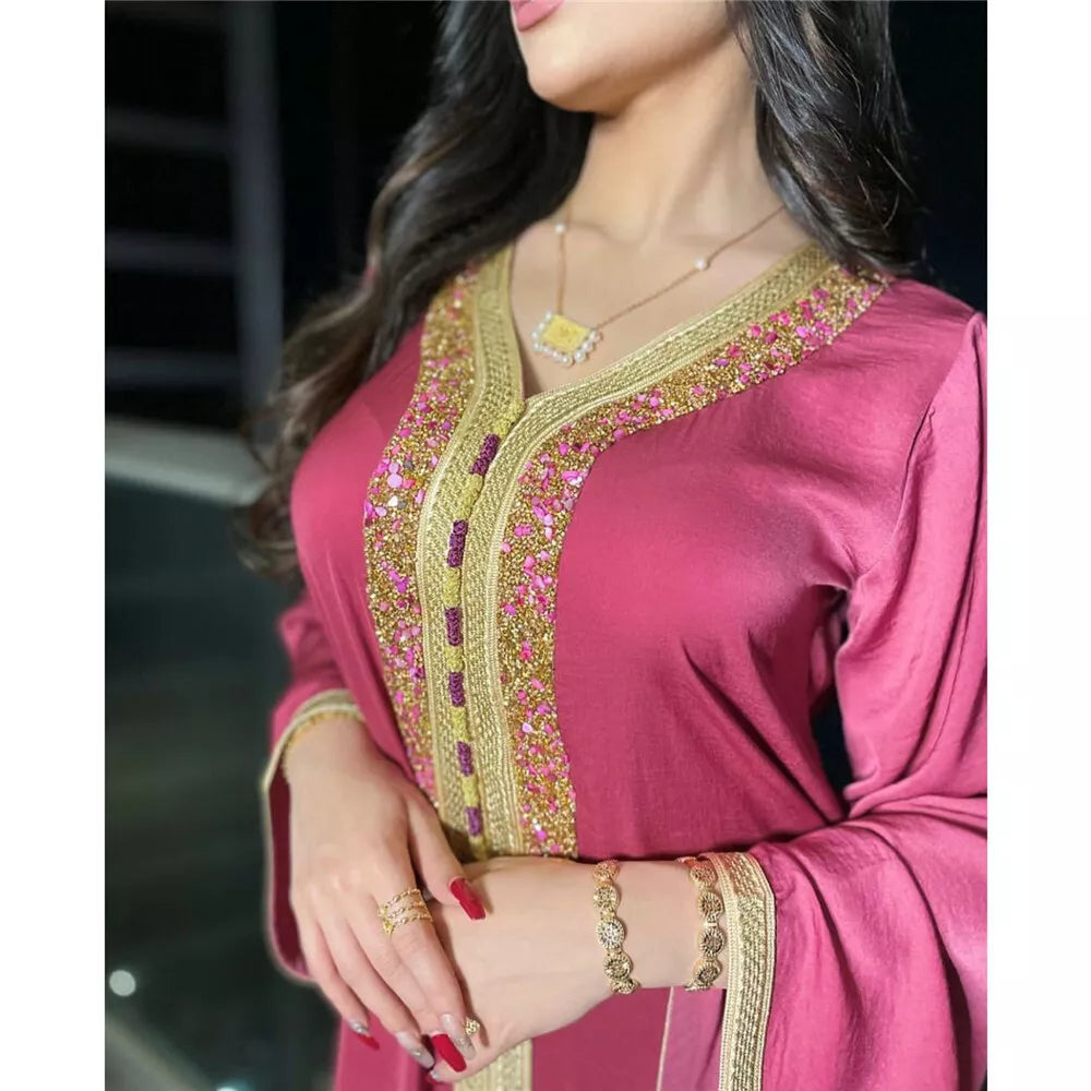 Vestido maxi rosa eid rosa para mulheres modestas de peru muçulmano árabe dubai diamante fbon v pescoço de manga longa jalabiya 2021