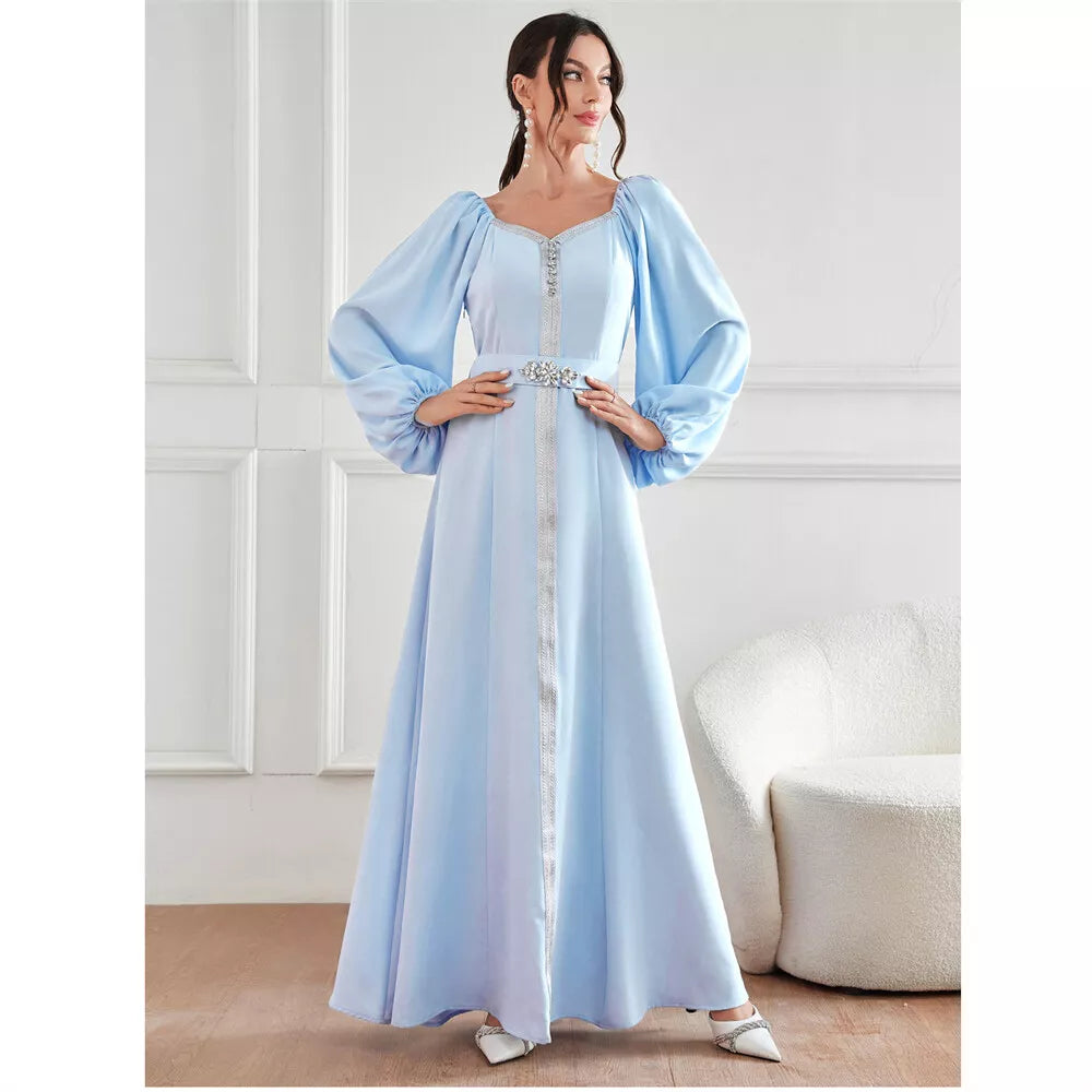 Dubai Evening Dress Women Moroccan Caftan Jalabiyat Solid Rhinestone Puff Sleeve Square Collar Belted Robe