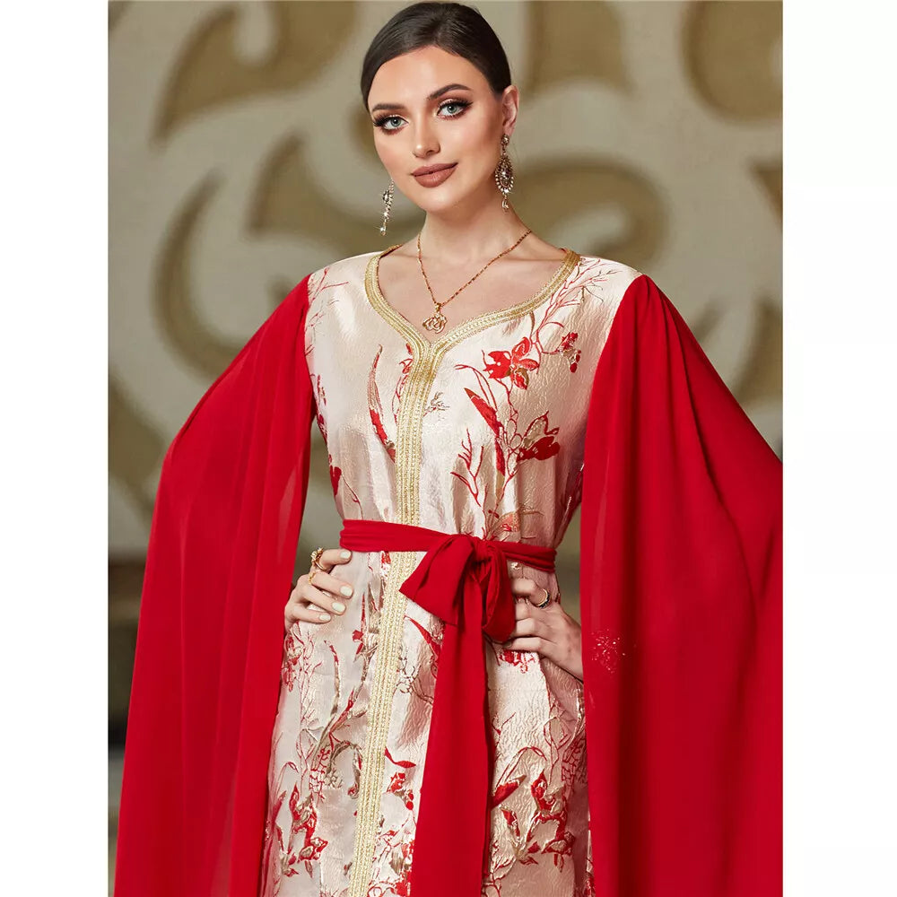 Fashion Dubai Royal Caftan Women Chic Printing Super Full Sleeves V-Ausschnitt Gürtelkleidung Abend lange Kleider elegant