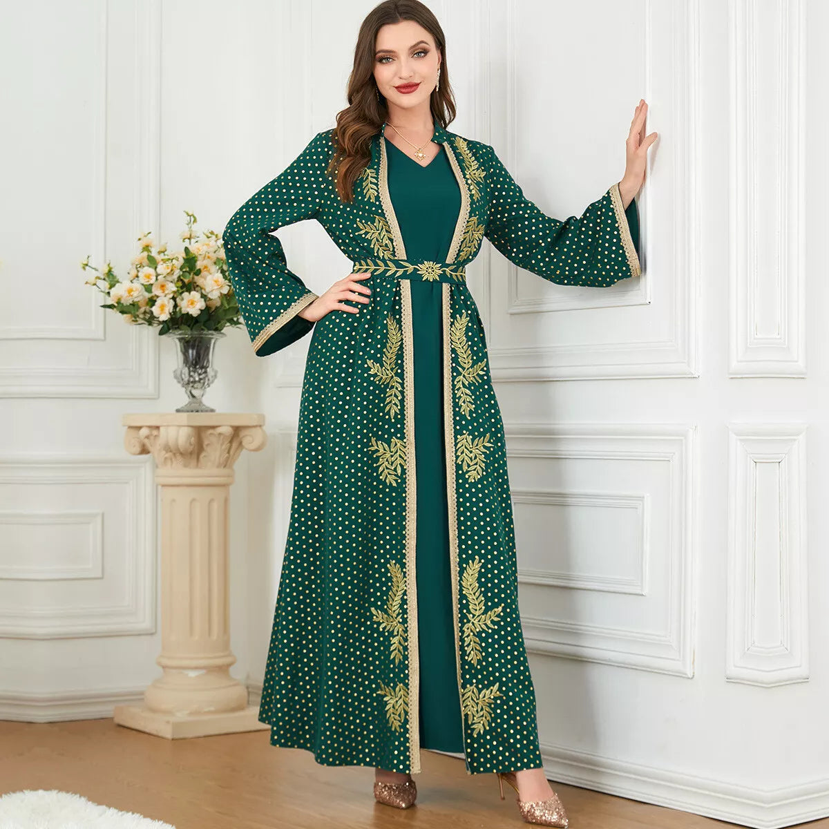 Eid Abaya dla kobiet 2023 Spring Leaf Haft haft koronkowy taśmę z paskiem kaftan kropka kropka z przodu otwarty ABAYAS 2PCS Musilim Set sukienka