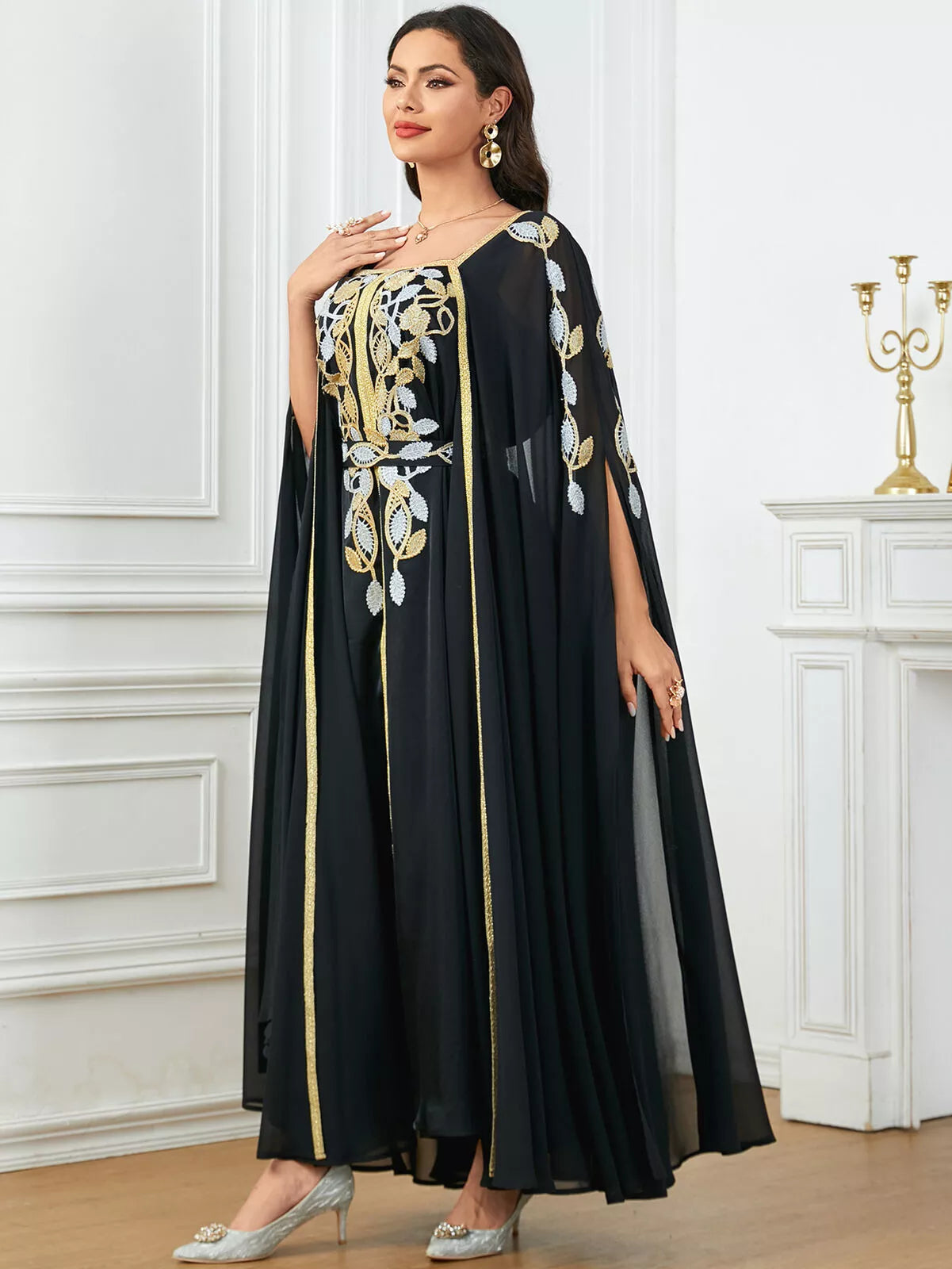 Elegante casual super lange mouw feestjurk Marokkaanse Saoedische appliques riem jurken Turkse Afrikaanse Abayas Arab Kaftan