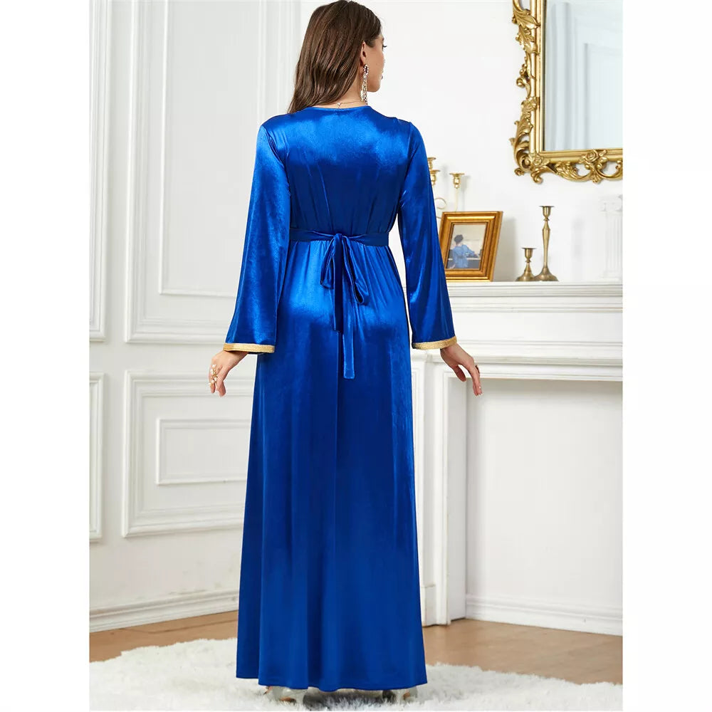 Robe de soirée en velours, couleur unie, Jalabiyat, turc, saoudien, manches longues, col en v, ceinture, africaine, marocaine, Abaya, automne hiver